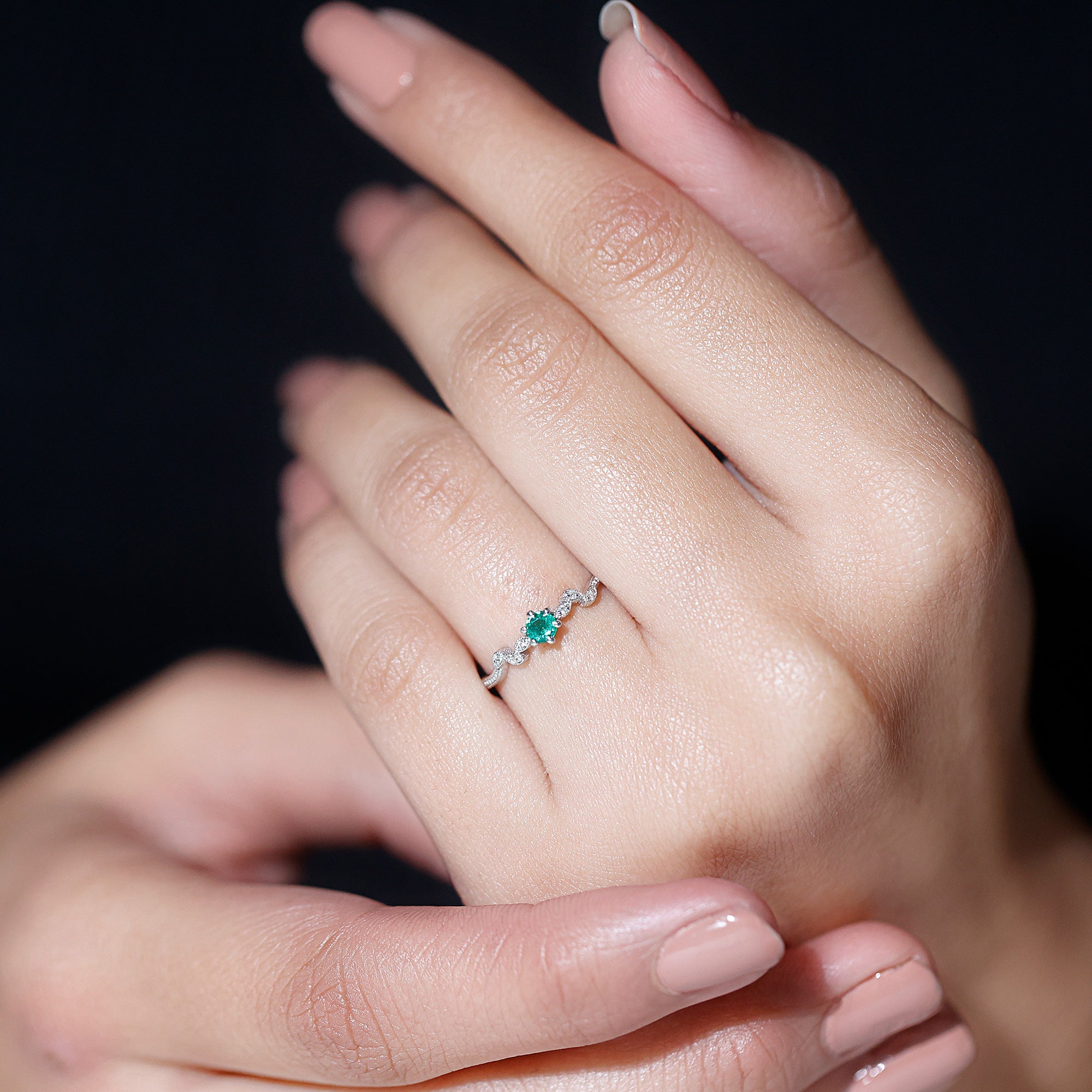 Emerald Leaf Promise Ring with Diamond, 925 Sterling Silver, US 4.00 I881582
