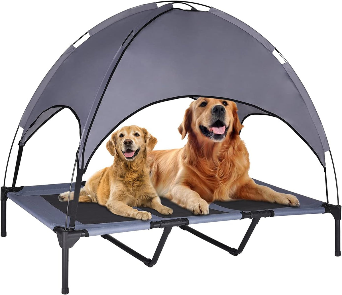 Elevated Dog Bed with Canopy, 1680D Oxford Fabric Raised Mesh Cot, Grey P21214