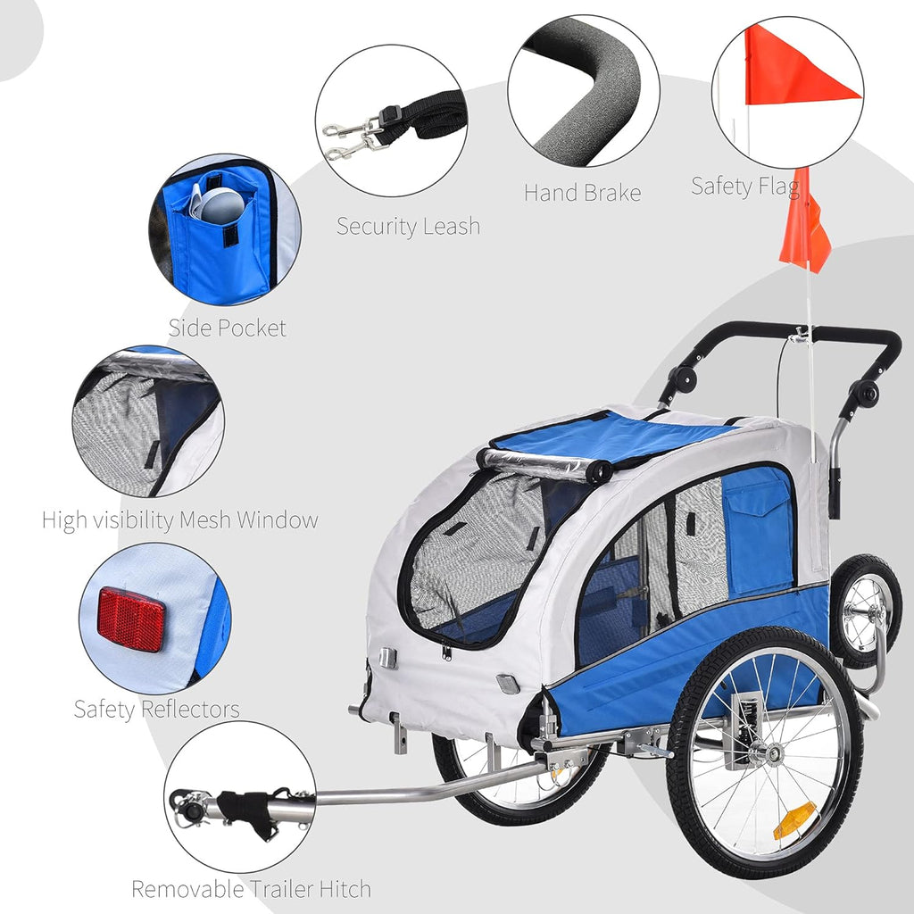 Blue Dog Bike Trailer Pet Stroller With Canopy And Storage Pockets U6740