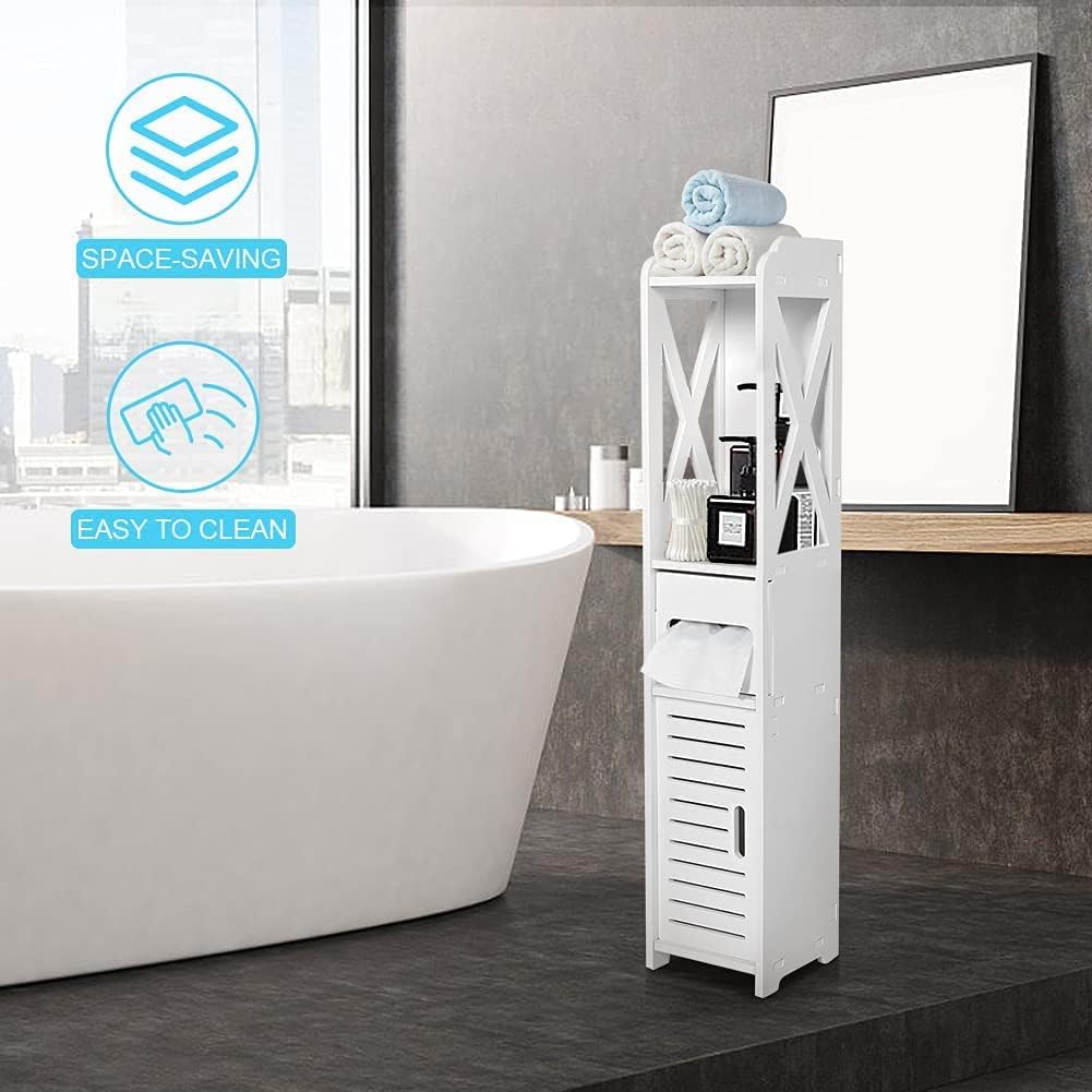 White Bathroom Floor Cabinet Storage Organizer, 31.5 x 6.1 x 5.9 inch K15760
