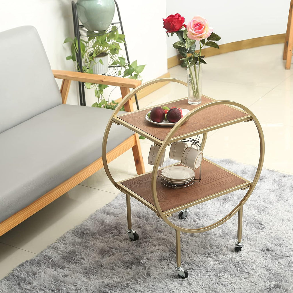 2-Tier Round Side Table with Wheels Metal Frame Removable Nightstand Utility Rolling Cart Q7647
