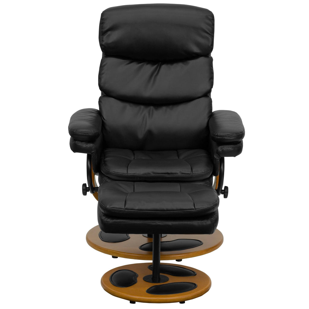 Black Leather Recliner and Ottoman with Wood Base Z63954