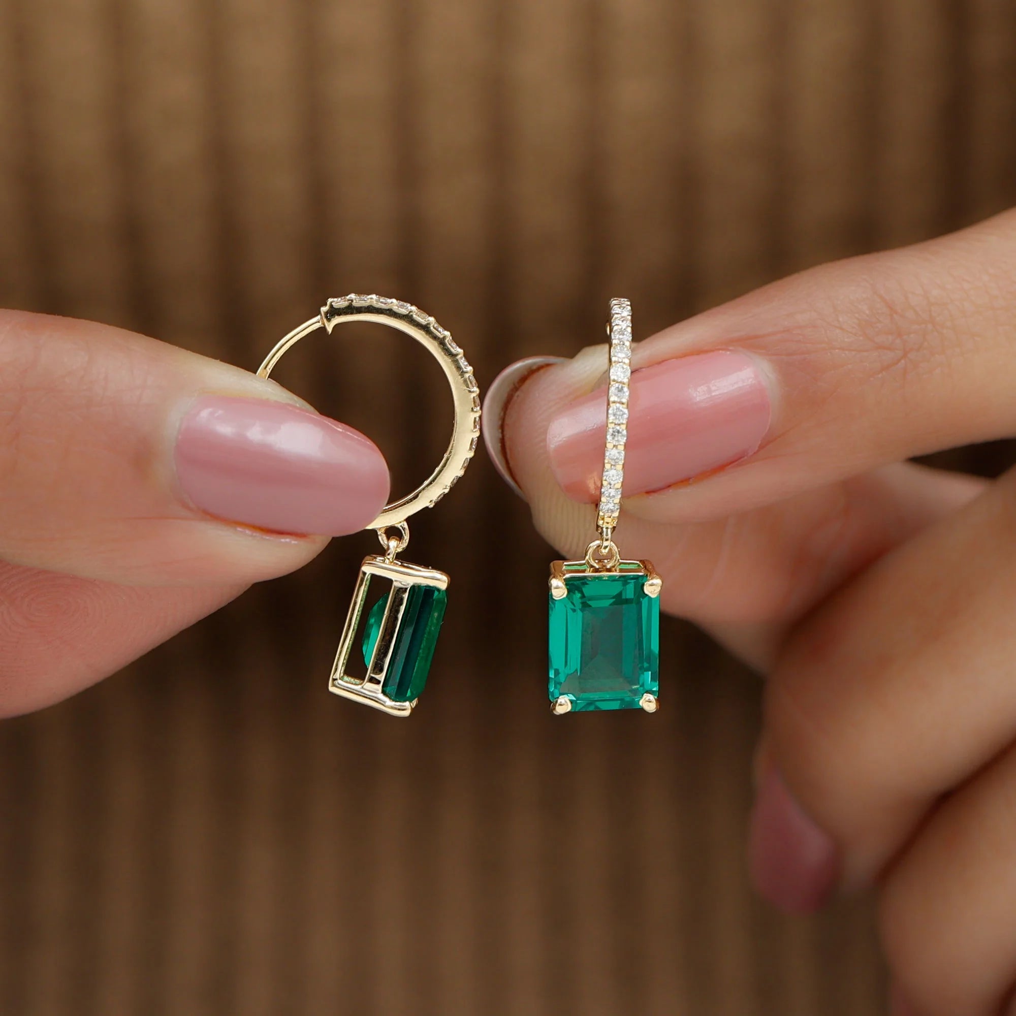 14K Yellow Gold Lab Created Emerald Drop Earrings with Diamond O59545