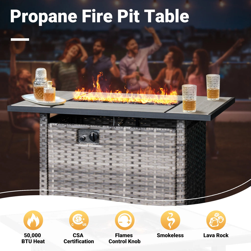 6 Pieces Outdoor Patio Furniture with Rectangle Fire Pit Table Wicker Set O258