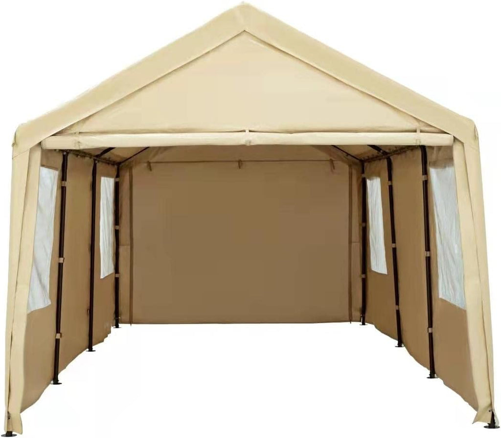 Beige 10x20ft Car Canopy with Transparent Windows Removable Sidewalls & Doors X402398