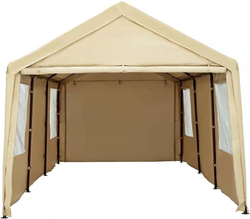Beige 10x20ft Car Canopy with Transparent Windows Removable Sidewalls & Doors X402398