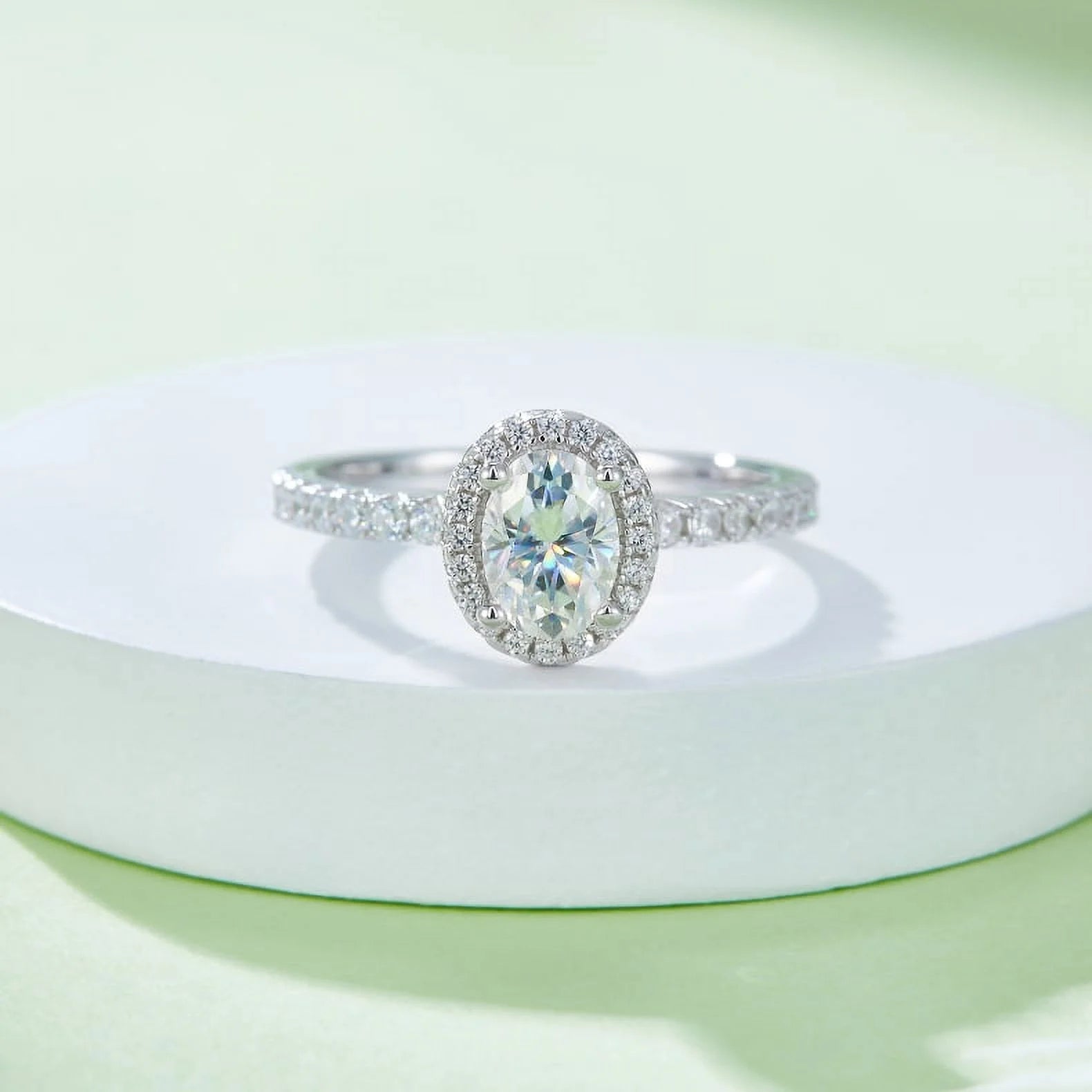 Pear Cut Moissanite Engagement Ring Pave Halo In 18K White Gold Plating Over Silver I1382