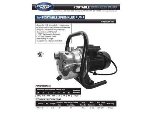 1 HP Portable Sprinkler Pump S8051