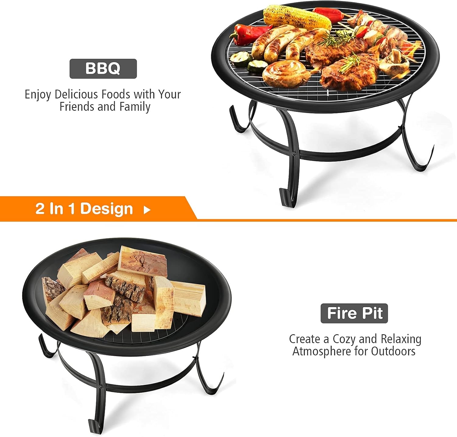 22” Steel Fire Pit Bowl with BBQ Grill and Spark Screen Cover D326282