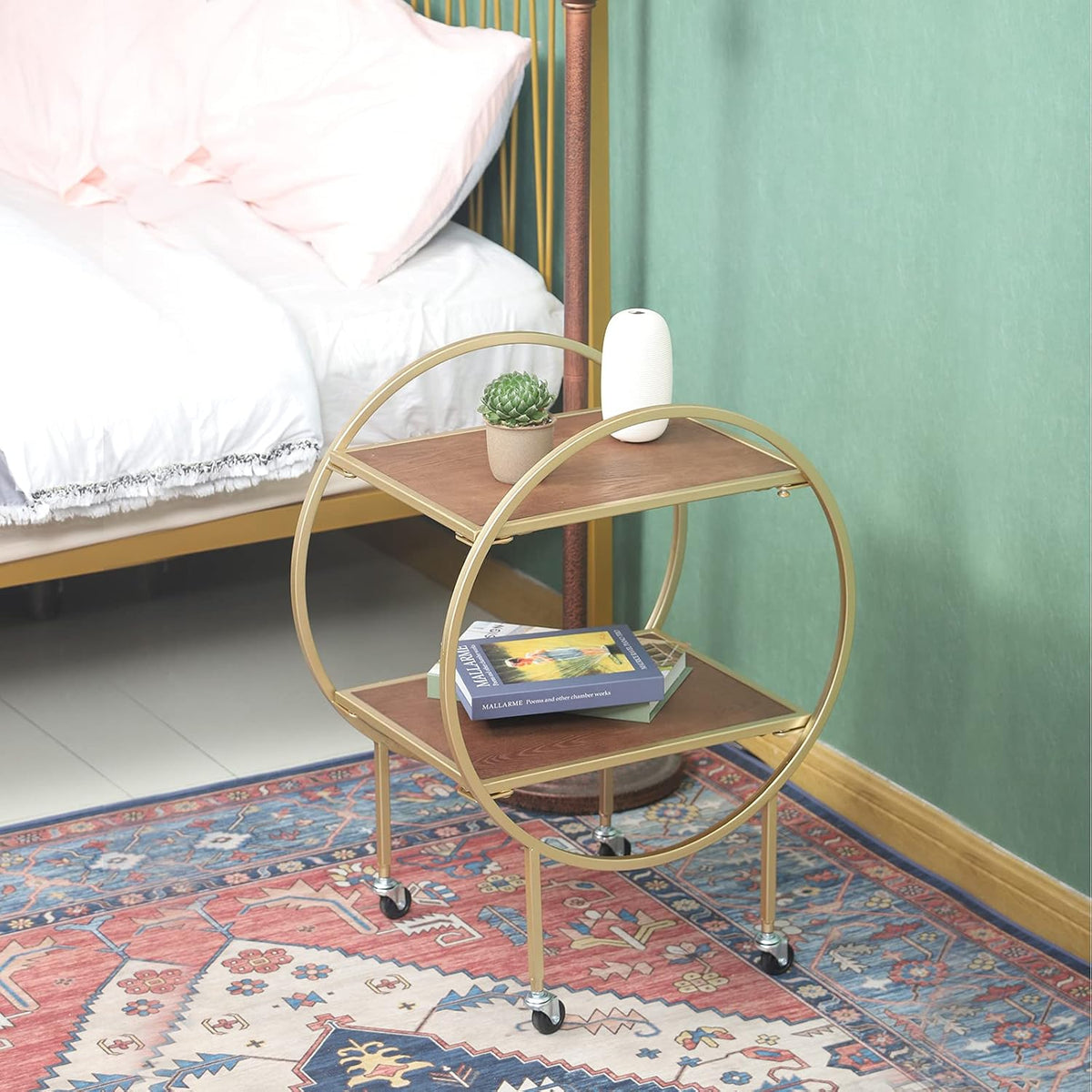 2-Tier Round Side Table with Wheels Metal Frame Removable Nightstand Utility Rolling Cart Q7647