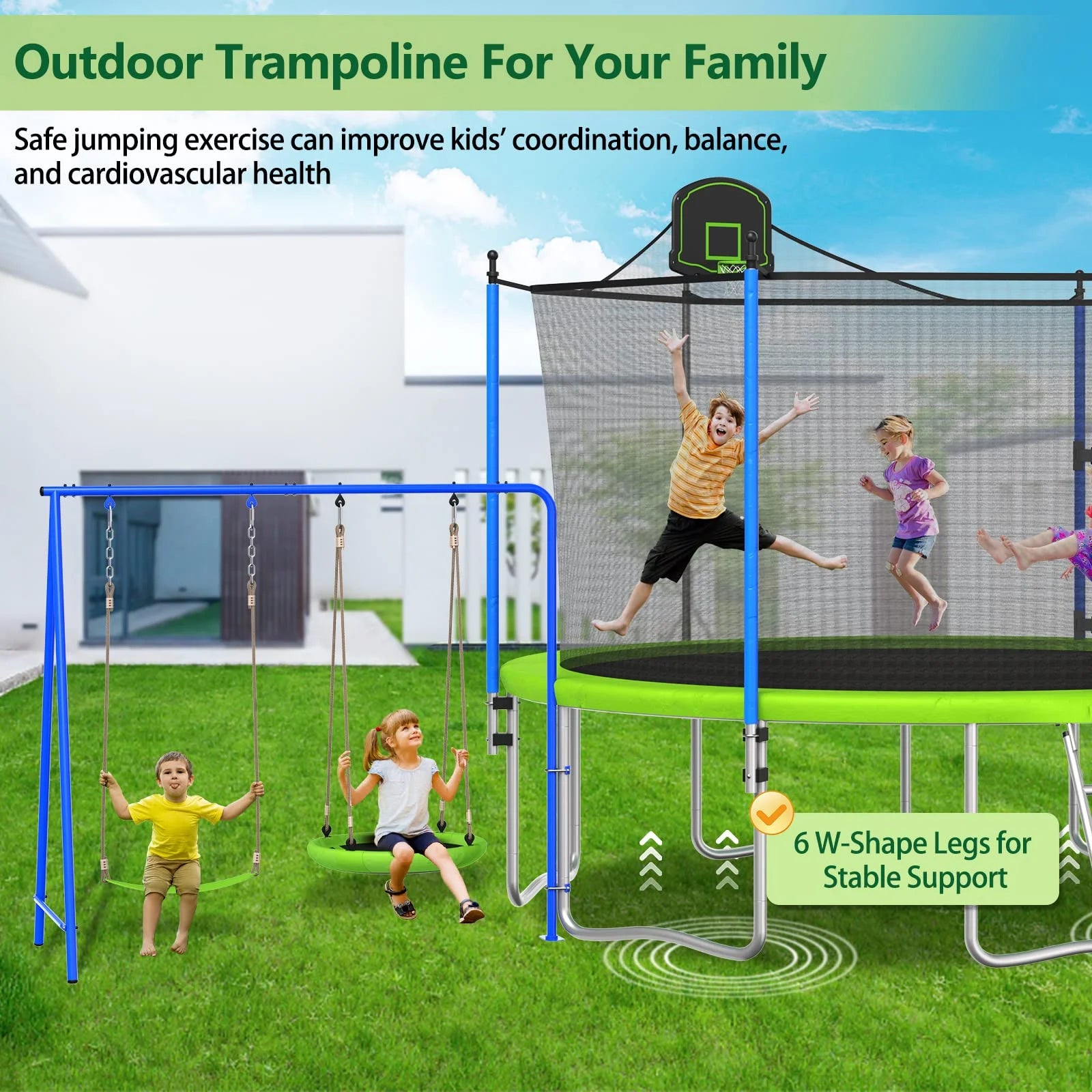14FT Trampoline with Swing and Slide, 1200LBS Capacity, Outdoor Recreational Trampoline with Basketball Hoop Z9655