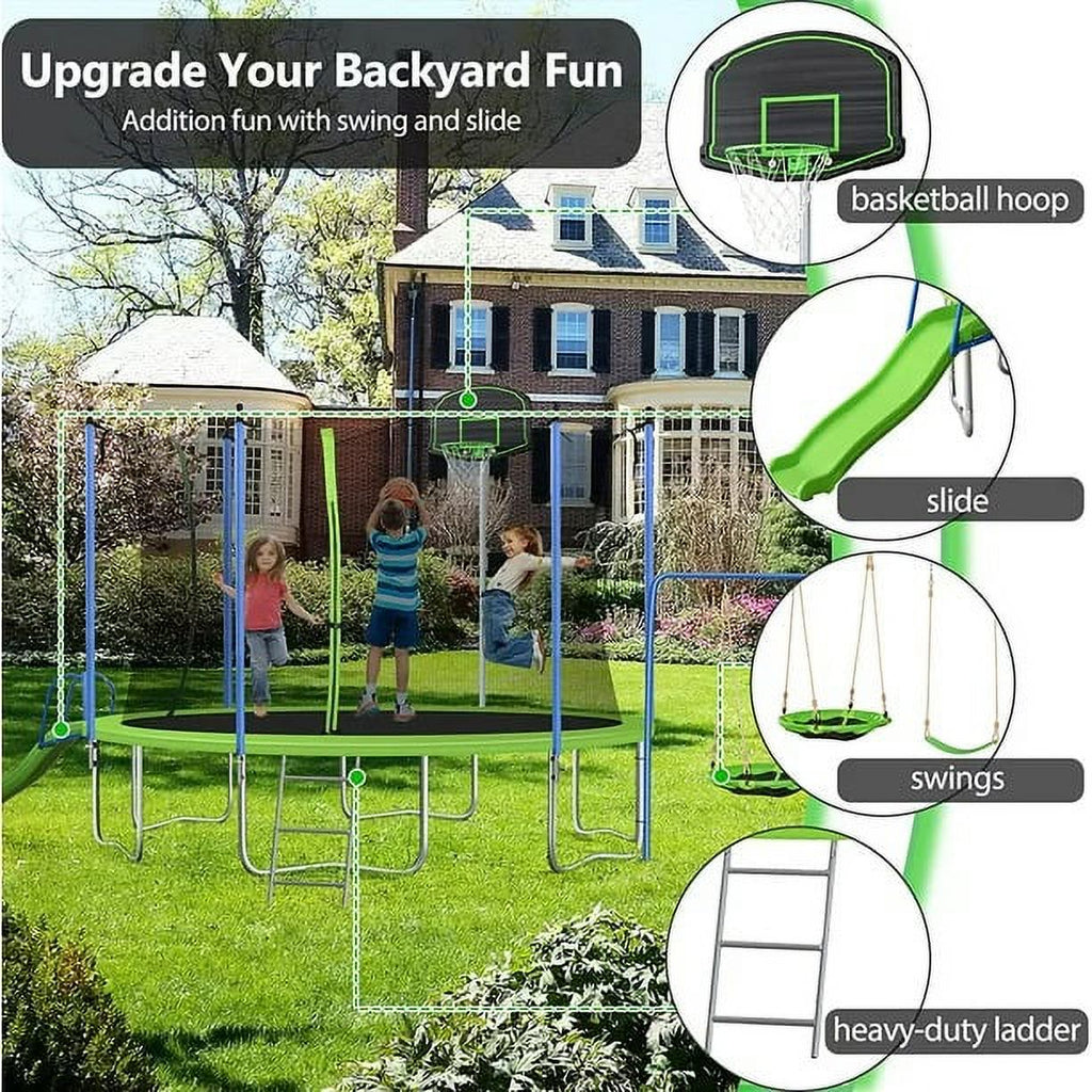 14FT Trampoline with Swing and Slide, 1200LBS Capacity, Outdoor Recreational Trampoline with Basketball Hoop Z9655