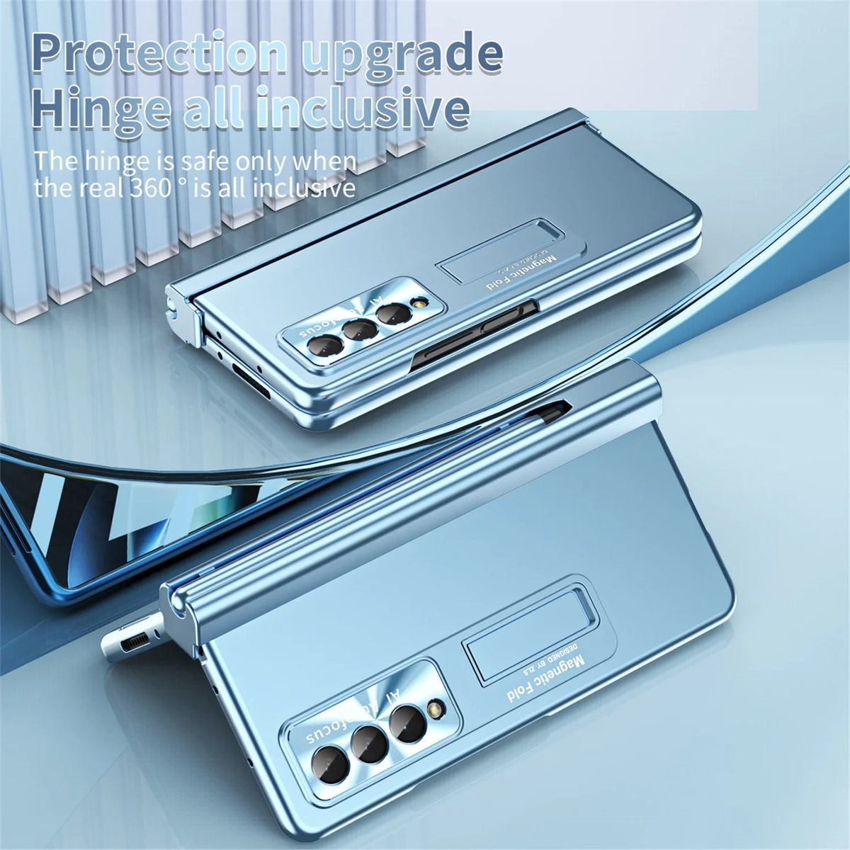 Blue Shockproof Plating Stand Case for Samsung Galaxy Z Fold 5 5G with S Pen Holder N31745