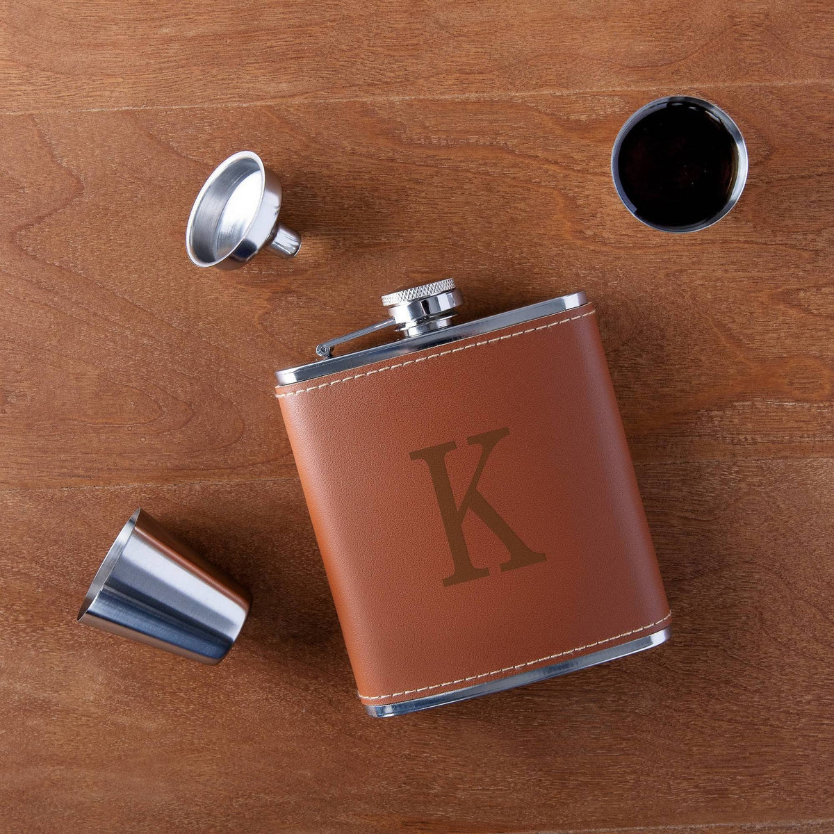 6oz Stainless Steel Leather Flask Brown F482