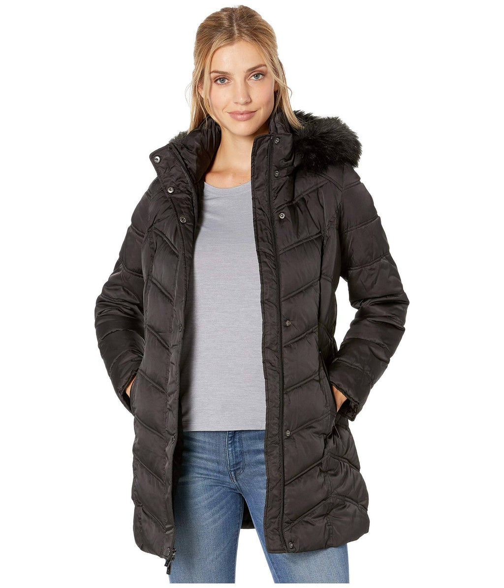 Black Chevron Quilted Coat with Faux Fur Hood V8357