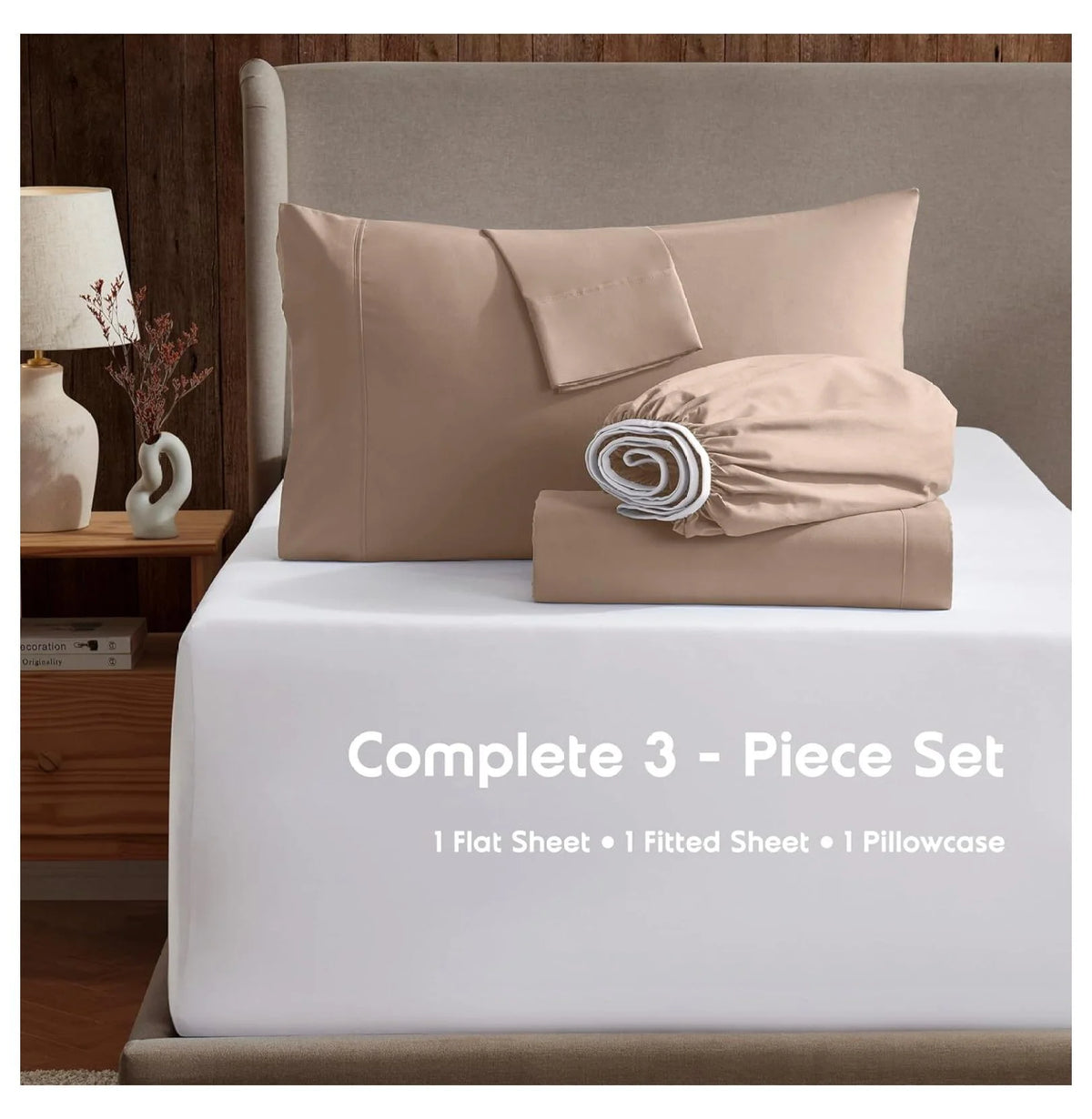 Twin 3 Piece Deep Pocket Bed Sheets Set with Fitted Sheet, Flat Sheet, Pillow Case S872