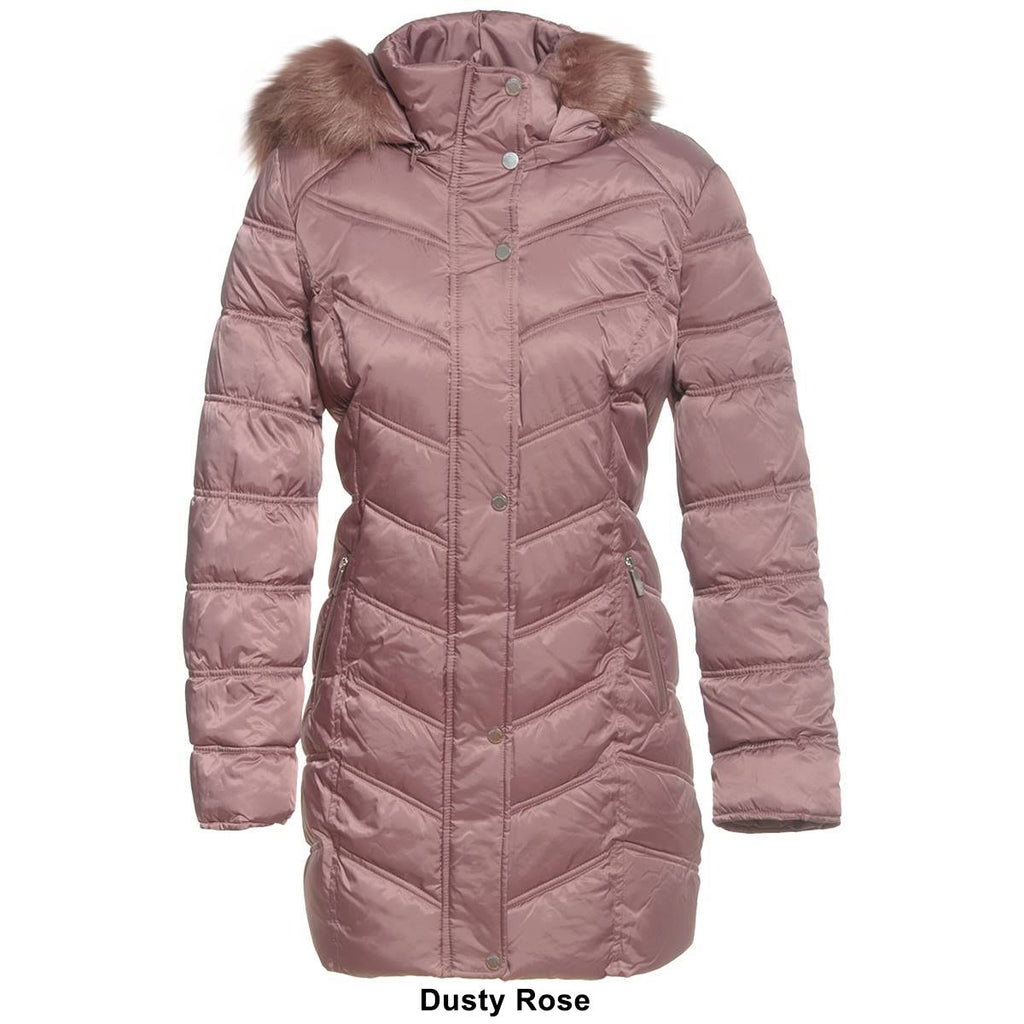 Black Chevron Quilted Coat with Faux Fur Hood V8357