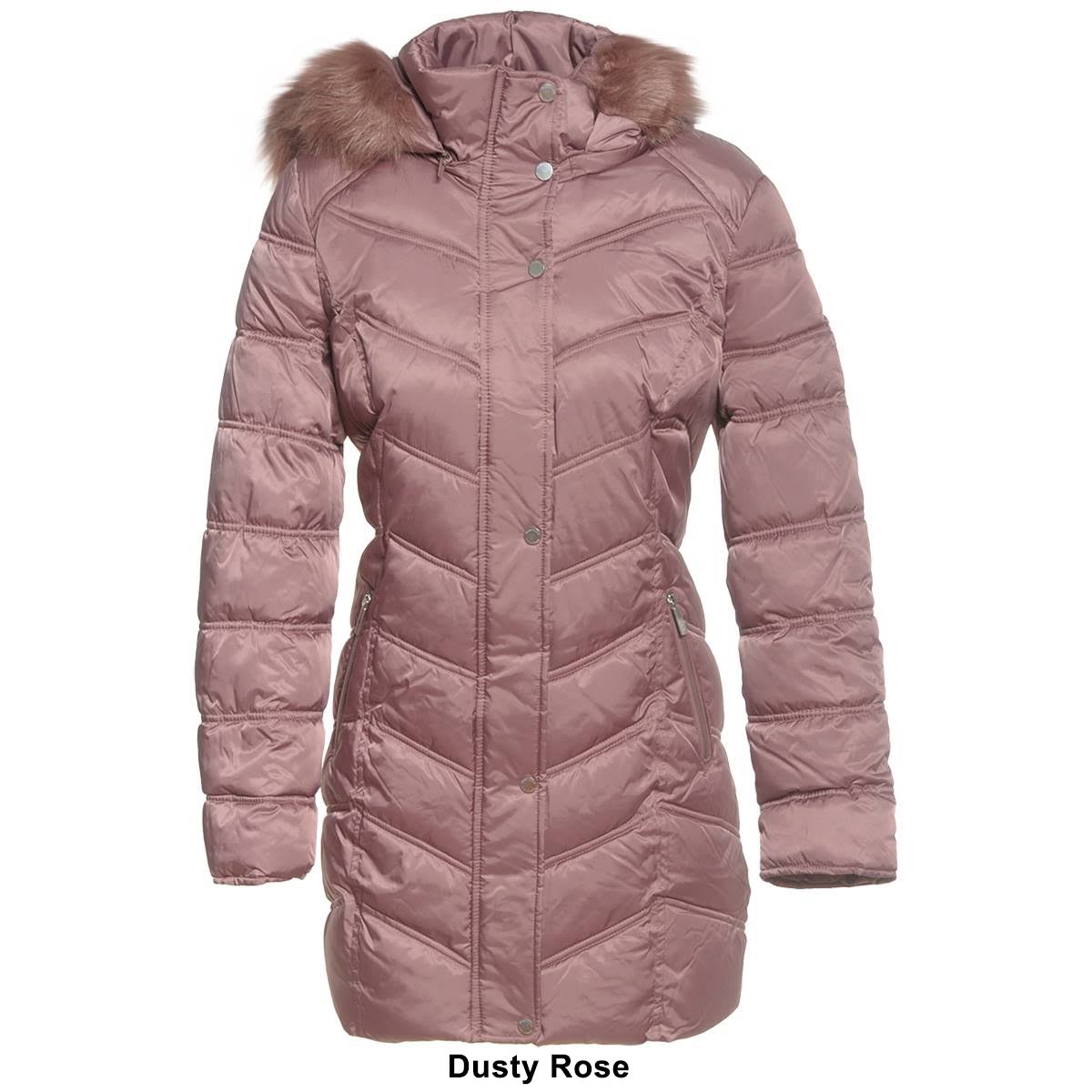 Black Chevron Quilted Coat with Faux Fur Hood V8357