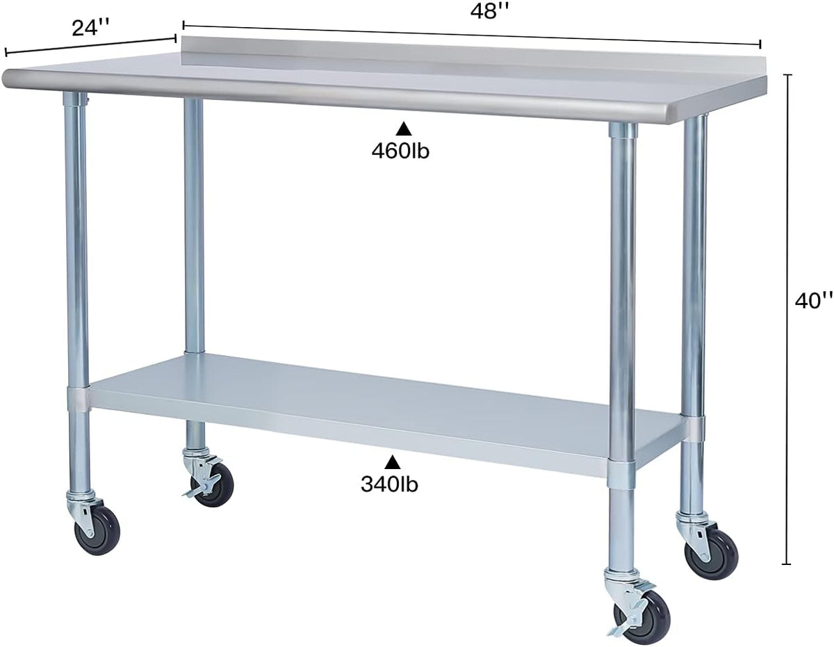 Stainless Steel 24 x 48 Inches Worktable with Backsplash, Adjustable Shelf and Caster Wheel R805