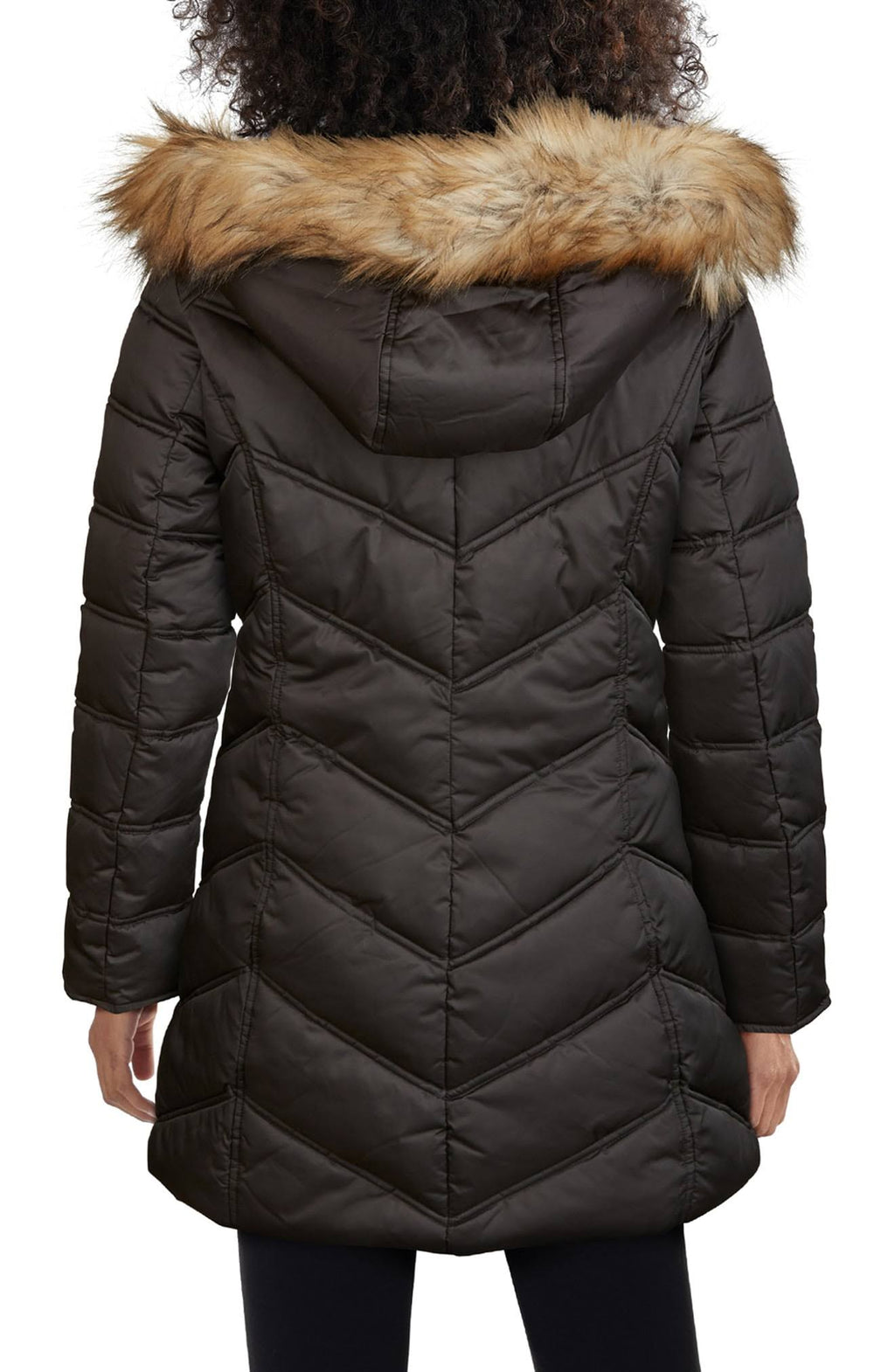 Black Chevron Quilted Coat with Faux Fur Hood V8357