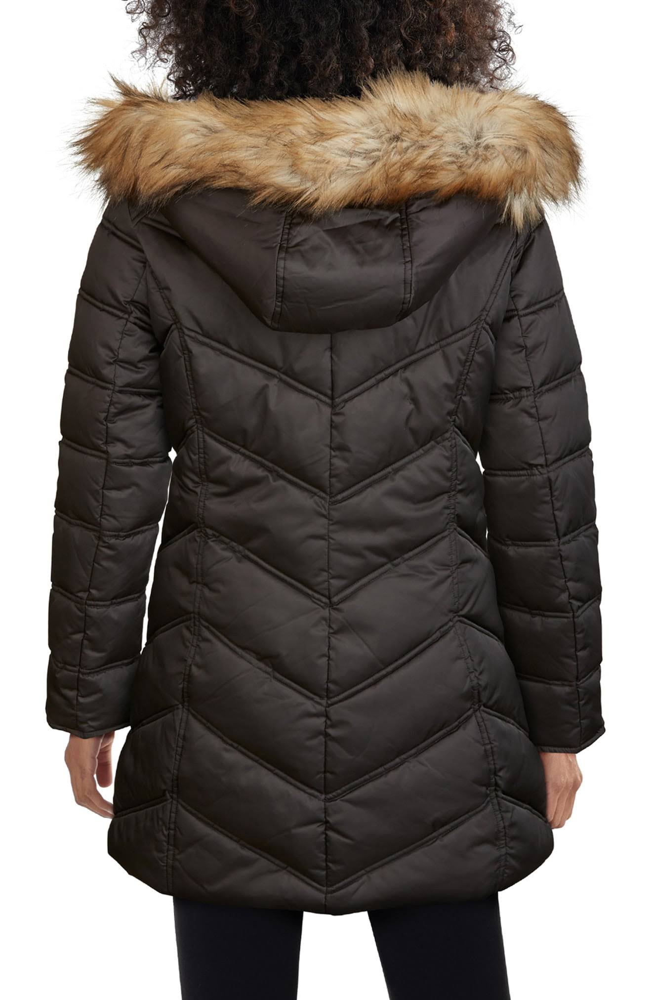 Black Chevron Quilted Coat with Faux Fur Hood V8357