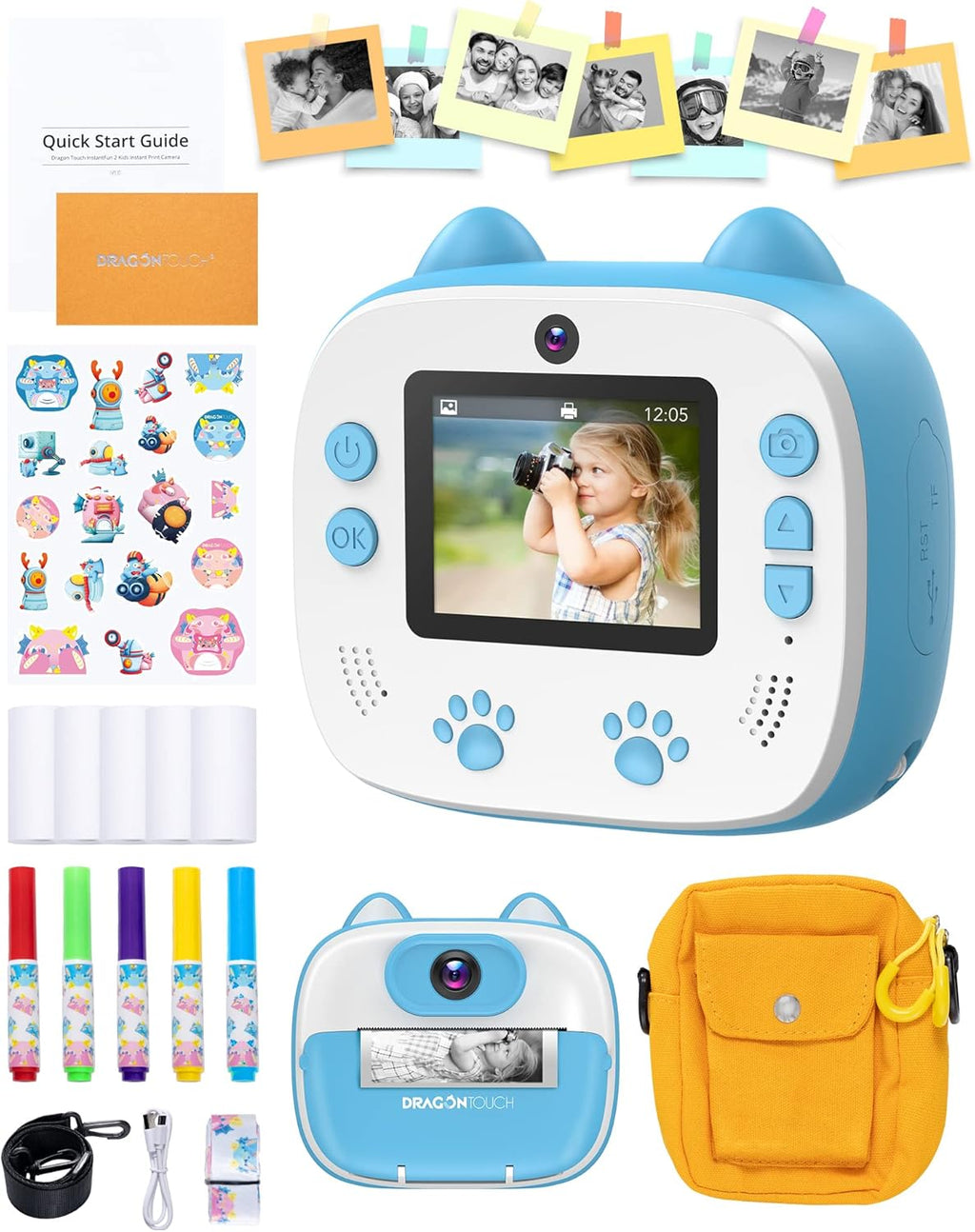 Instant Print Digital Camera with Dual Camera Lens, Print Paper, Cartoon Sticker, Color Pens and Camera Bag (Christmas Red) R280