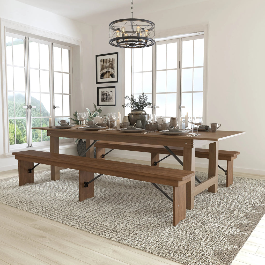 Antique Rustic Folding Farm Table and Two Bench Set H187