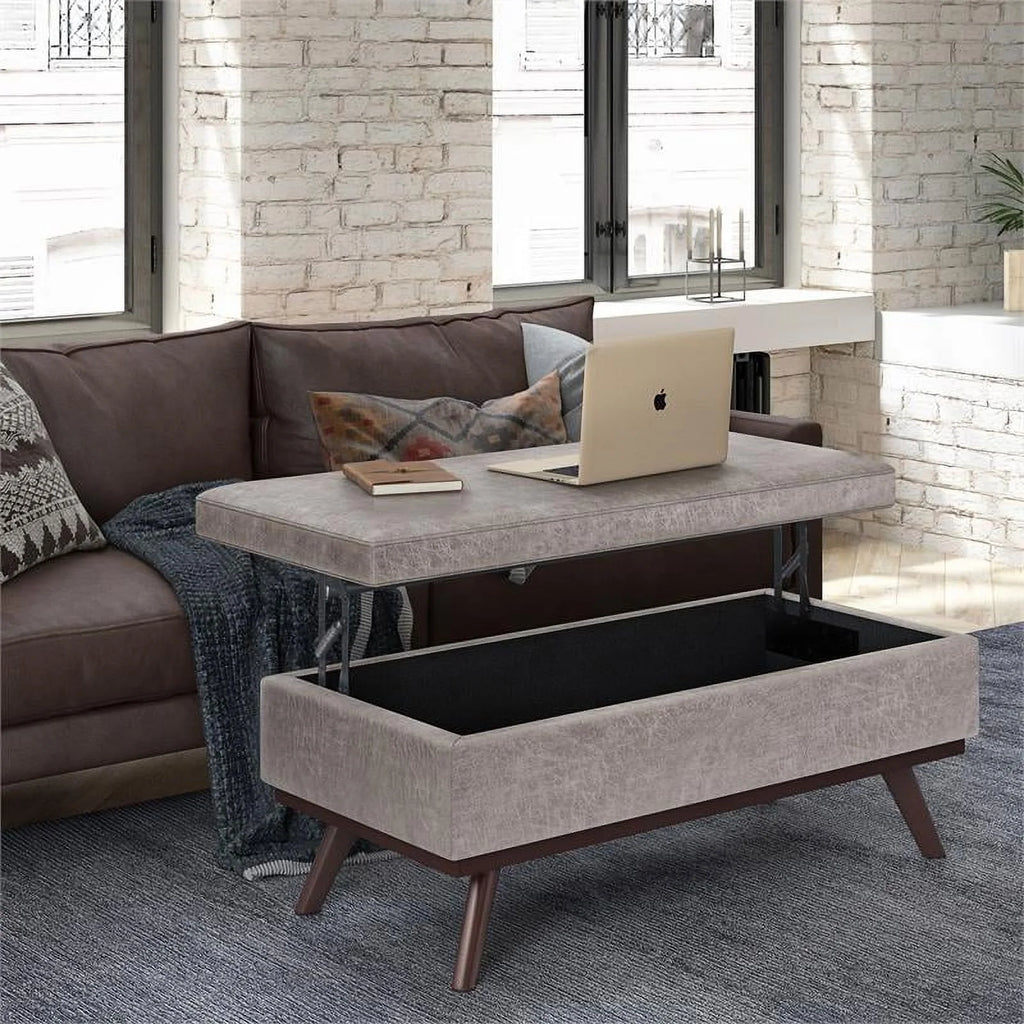 Distressed Grey Faux Leather Lift Top Storage Ottoman P25146