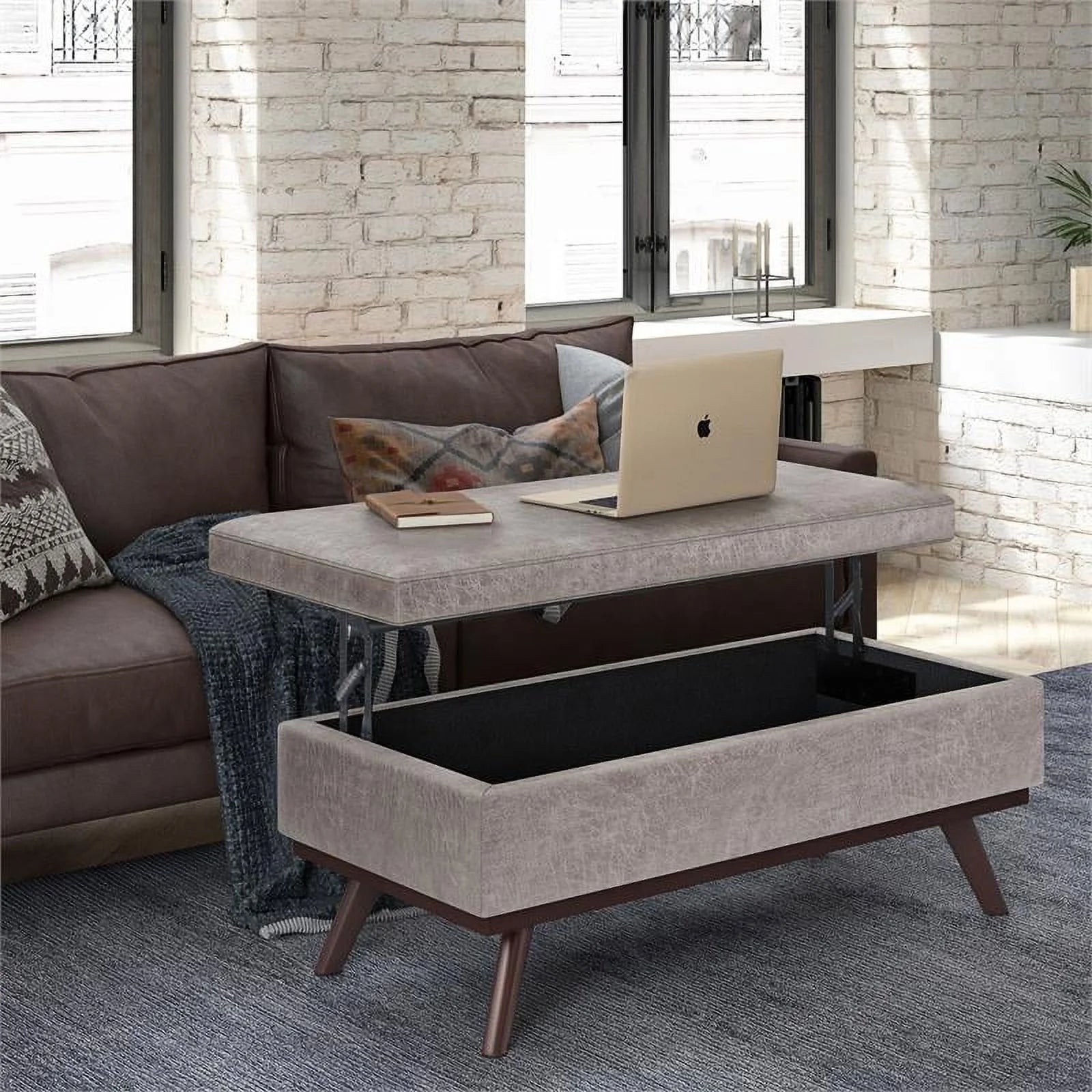 Distressed Grey Faux Leather Lift Top Storage Ottoman P25146