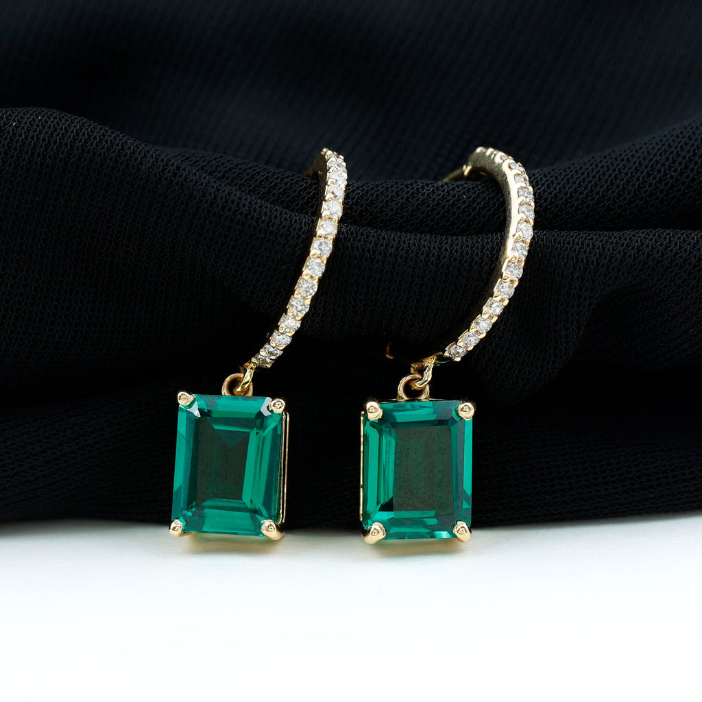14K Yellow Gold Lab Created Emerald Drop Earrings with Diamond O59545