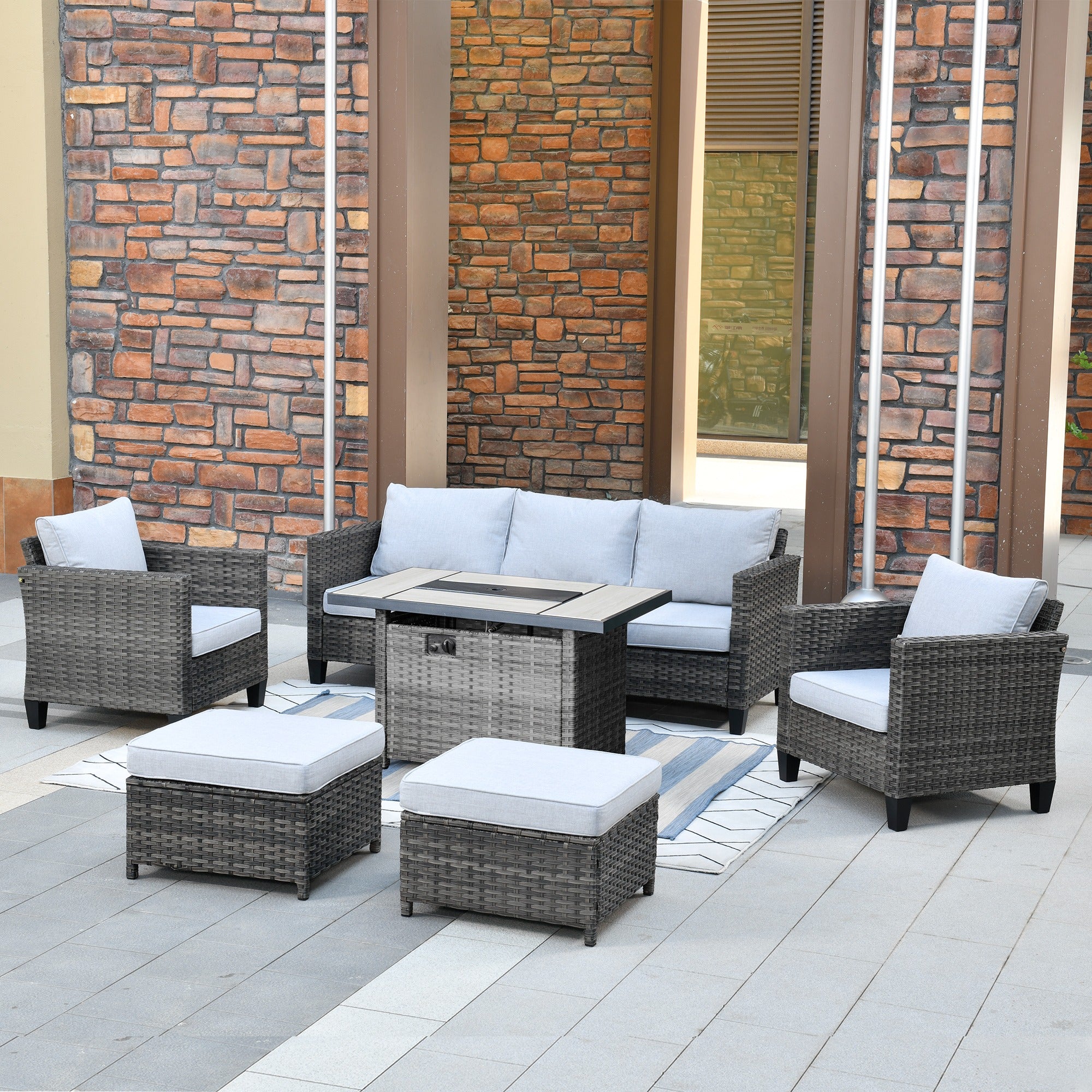 6 Pieces Outdoor Patio Furniture with Rectangle Fire Pit Table Wicker Set O258