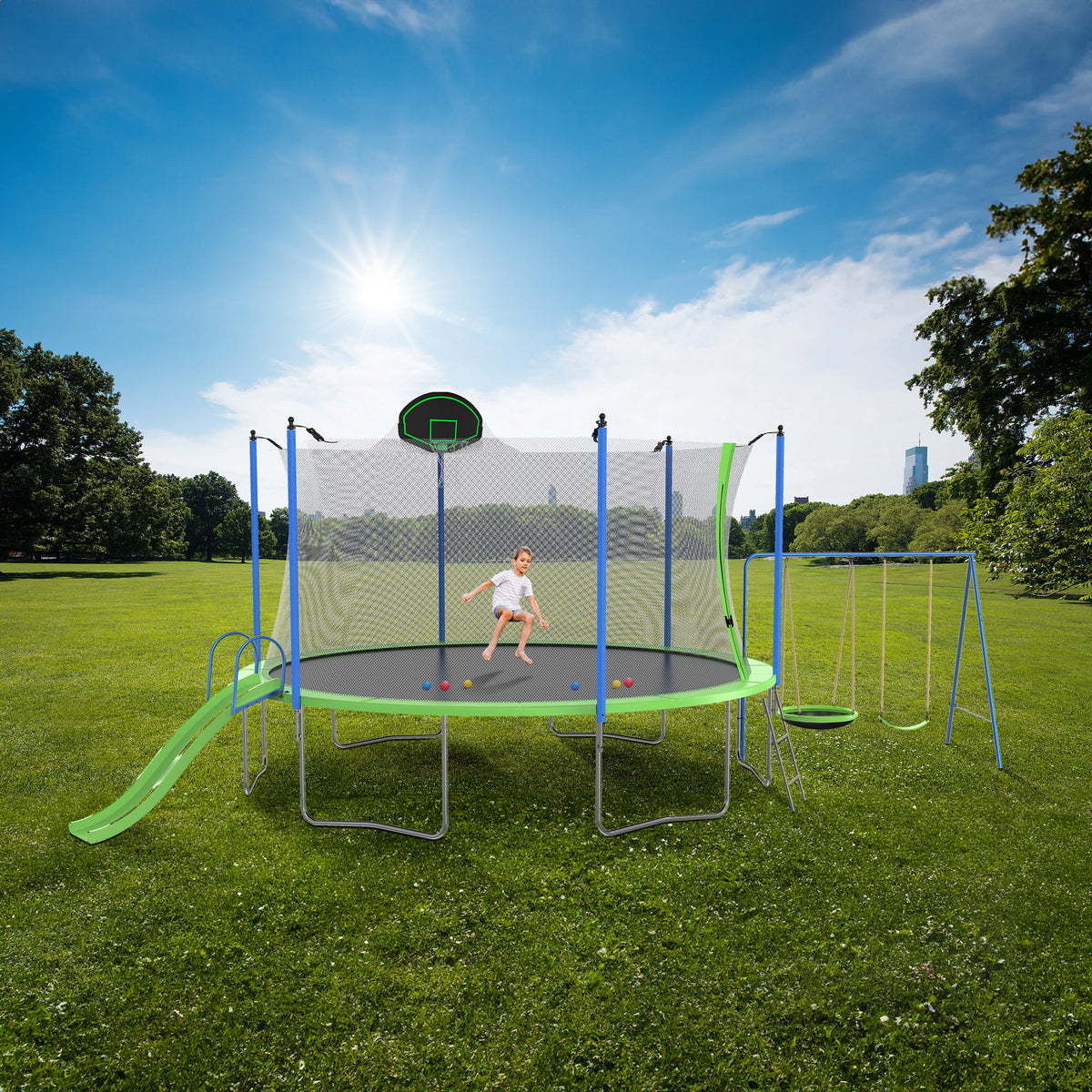 12ft Kids Trampoline with Swing, Slide, Basketball Hoop, Safety Enclosure Net F444224
