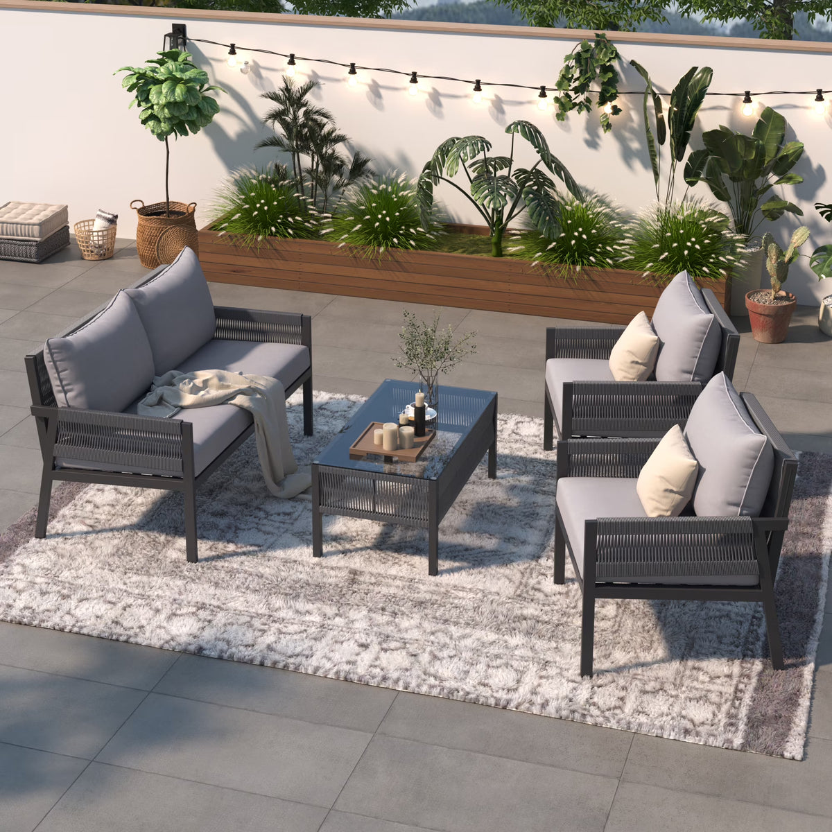 4PCS Outdoor Woven Rope Patio Furniture Set with Tempered Glass Tabletop G312548