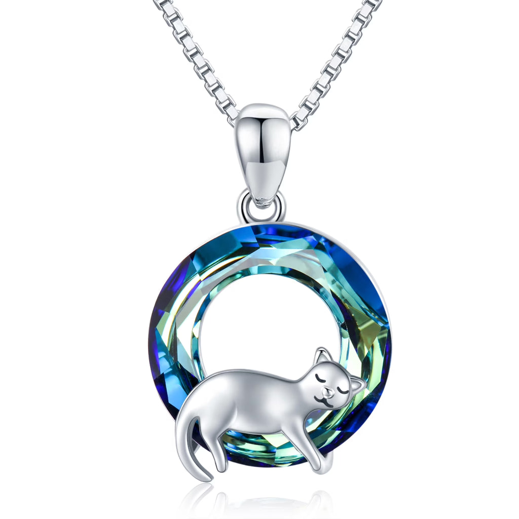 Cat Crystal Pendant Necklace 925 Sterling Silver U483