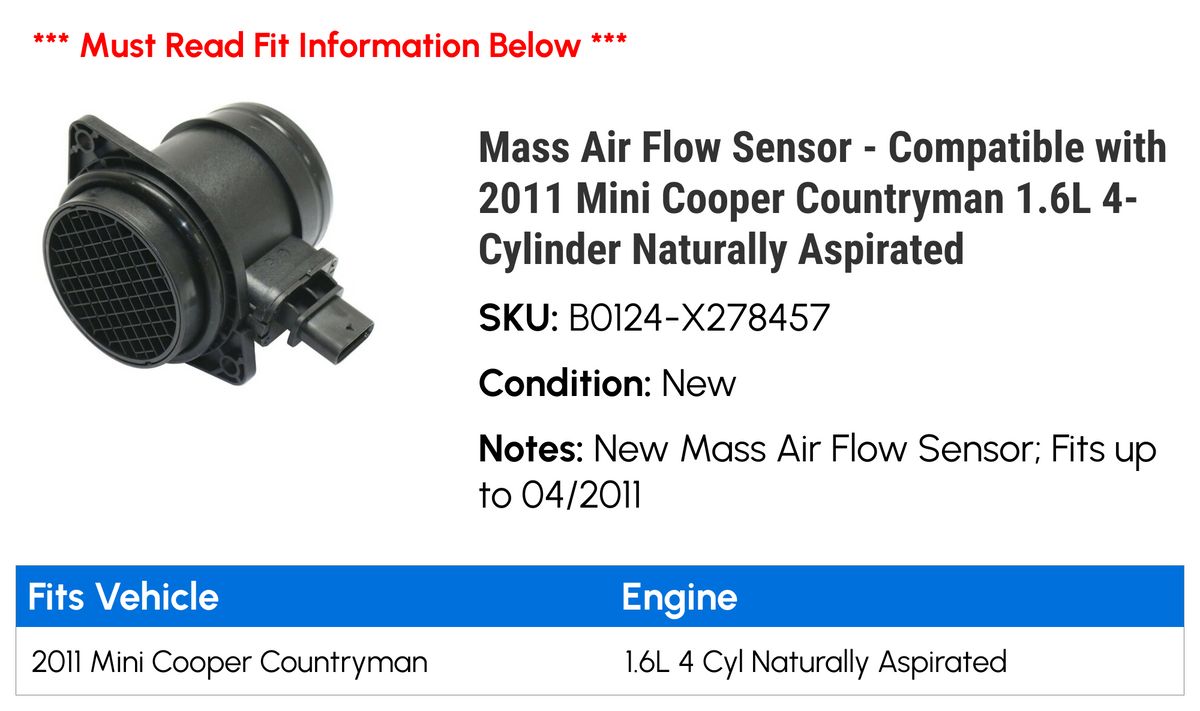 Mass Air Flow Sensor Compatible with 2011 Mini Cooper Countryman 1.6L 4-Cylinder X1243