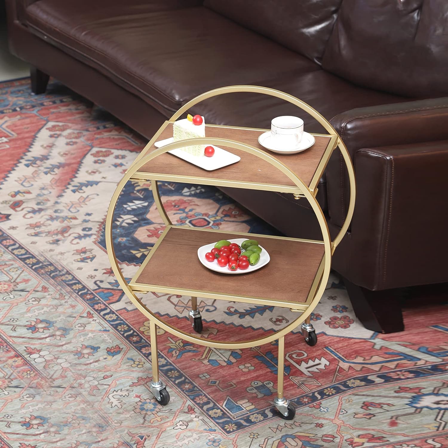 2-Tier Round Side Table with Wheels Metal Frame Removable Nightstand Utility Rolling Cart Q7647