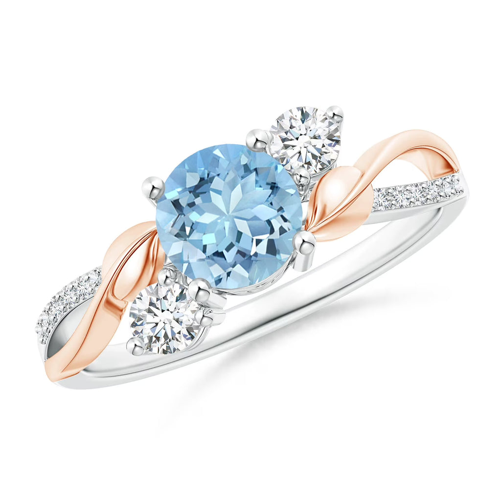 Natural Aquamarine & Diamond Ring in 14K White & Rose Gold, Size 7.5, 6mm V1227