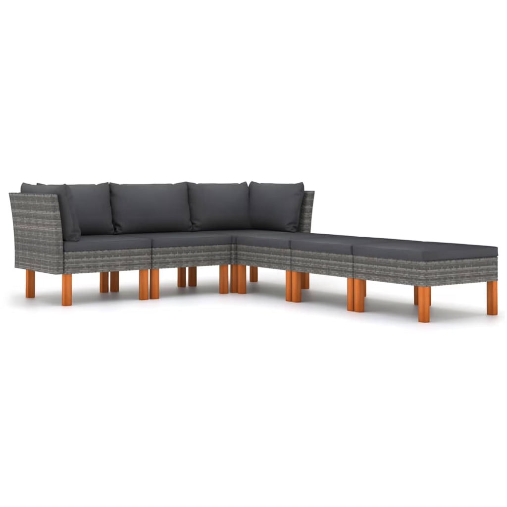 6 Piece Gray Poly Rattan Wood Legs Outdoor Sectional Sofa Set M895257