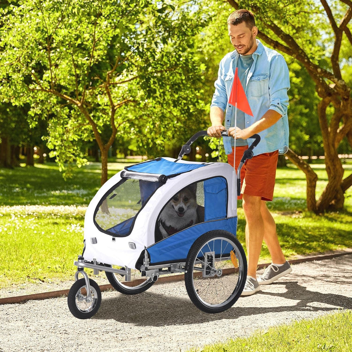 Blue Dog Bike Trailer Pet Stroller With Canopy And Storage Pockets U6740