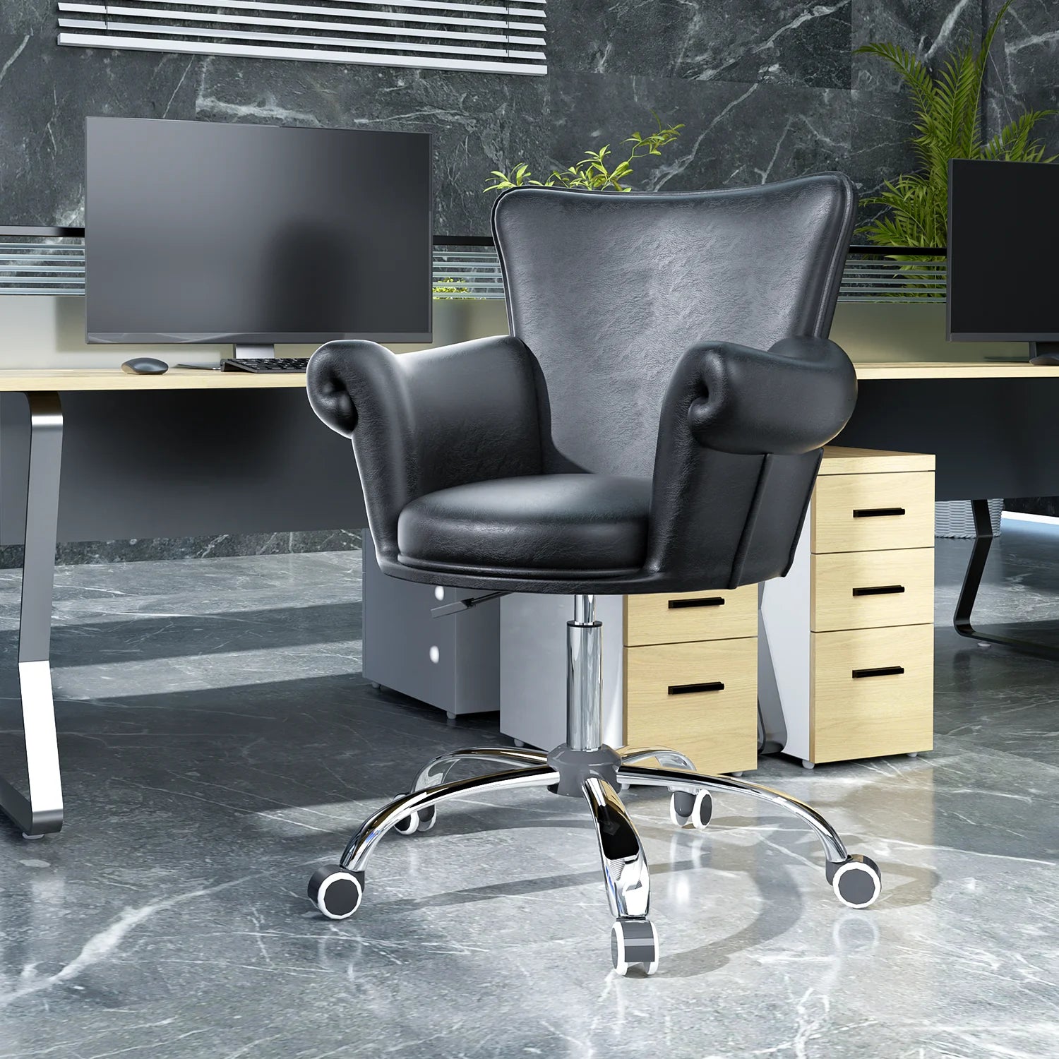 Black Upholstered Desk Chair with Wheels J449985