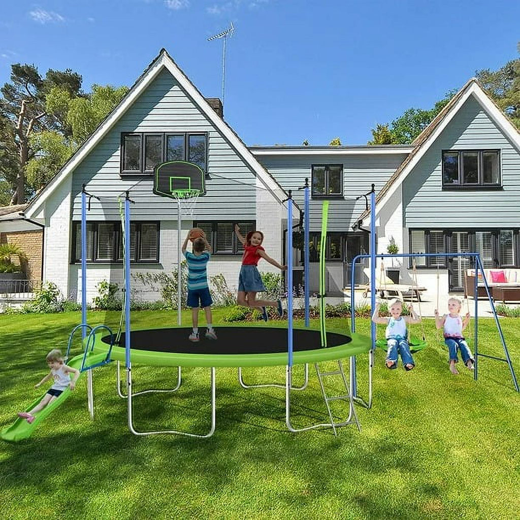 14FT Trampoline with Swing and Slide, 1200LBS Capacity, Outdoor Recreational Trampoline with Basketball Hoop Z9655
