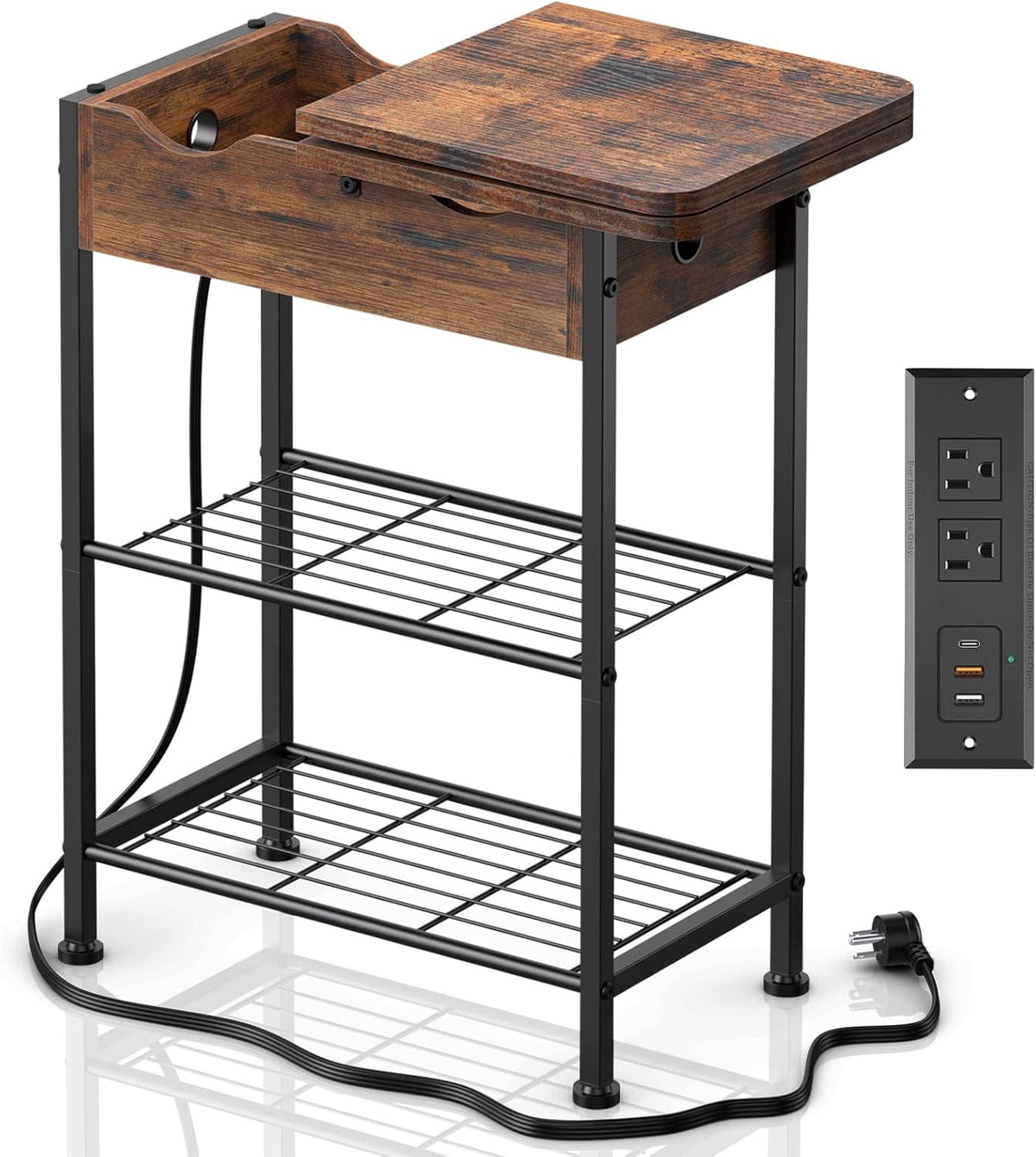 End Table with USB-C Fast Charging Station, Flip Top Storage Drawer, Double Metal Shelves I333133