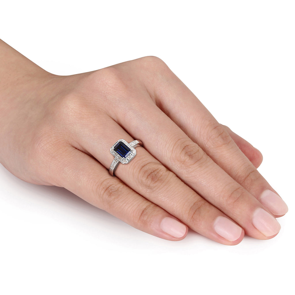 Emerald-Cut Created Blue Sapphire & Round Diamond Accent Sterling Silver Halo Ring Z262200