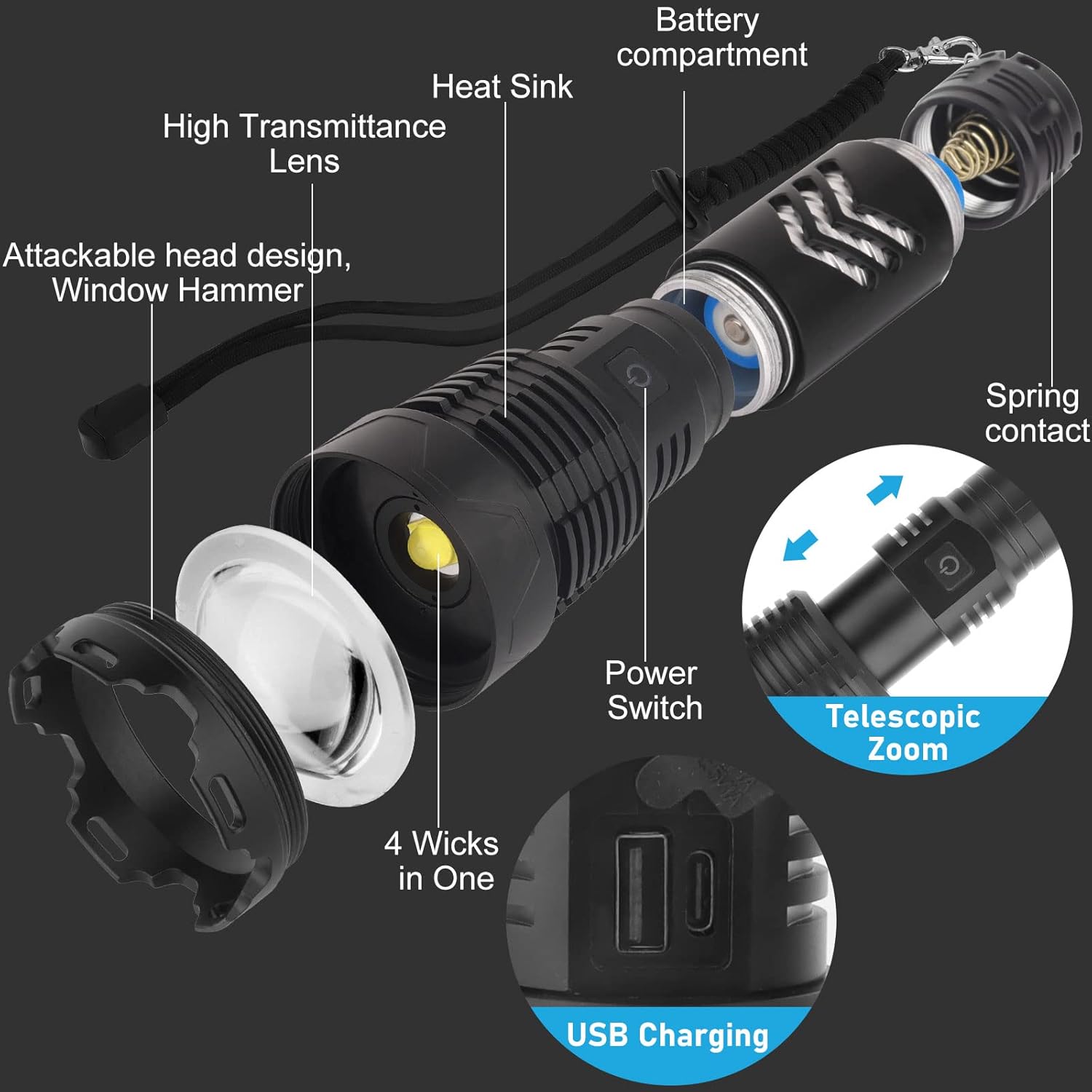 Rechargeable LED Tactical Flashlight, 120000 Lumen, USB Fast Charge, IPX6 Waterproof O262858