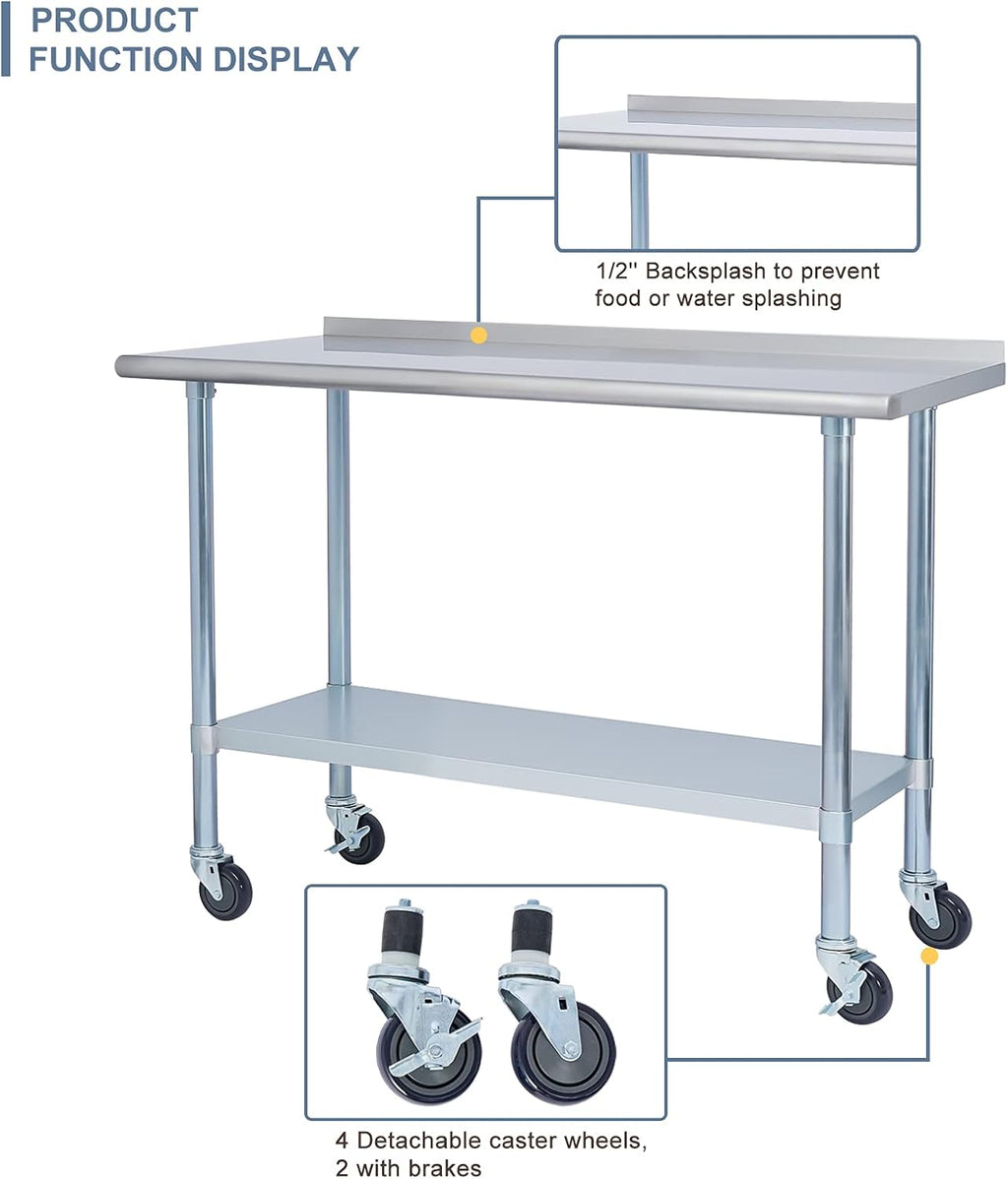 Stainless Steel 24 x 48 Inches Worktable with Backsplash, Adjustable Shelf and Caster Wheel R805