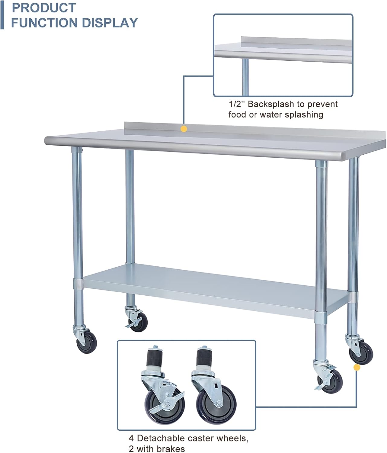 Stainless Steel 24 x 48 Inches Worktable with Backsplash, Adjustable Shelf and Caster Wheel R805