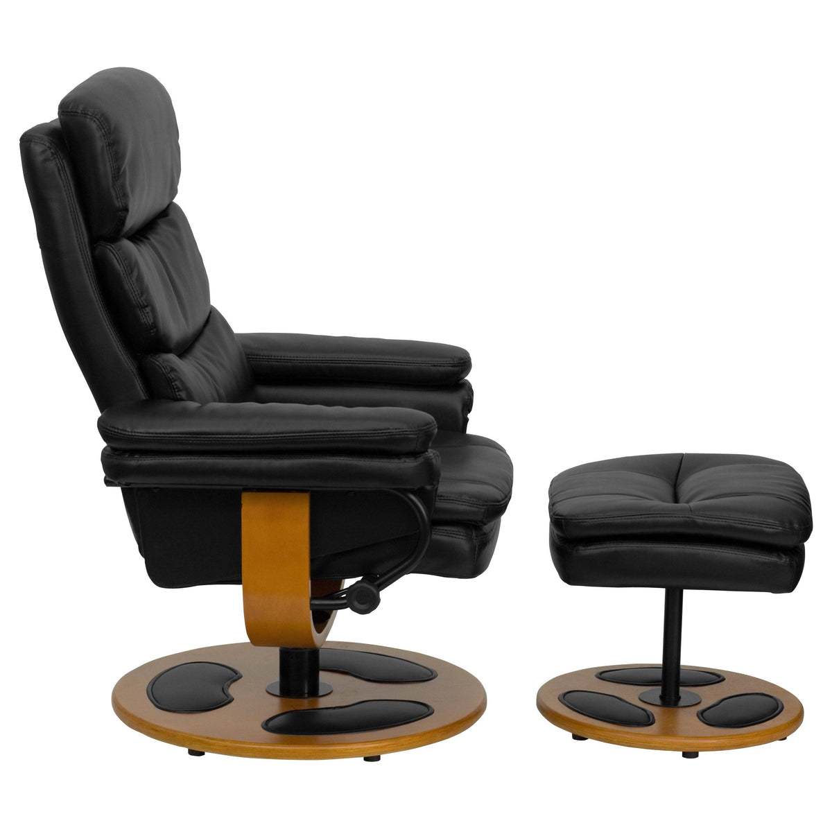Black Leather Recliner and Ottoman with Wood Base Z63954