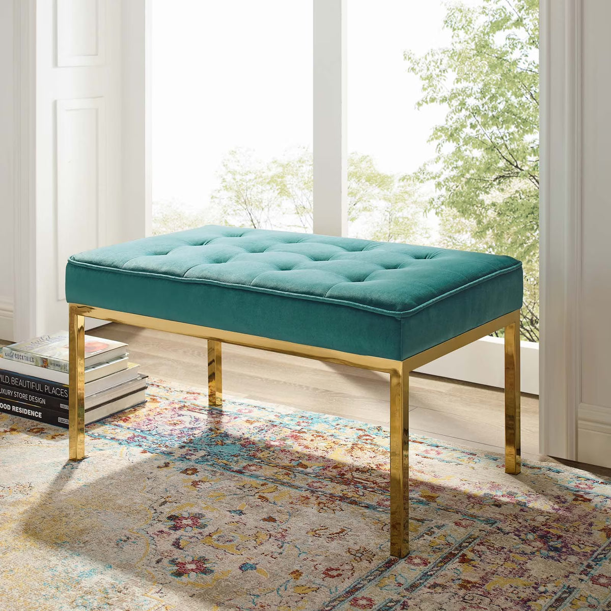 Teal Performance Velvet Bench with Gold Stainless Steel Leg M507789