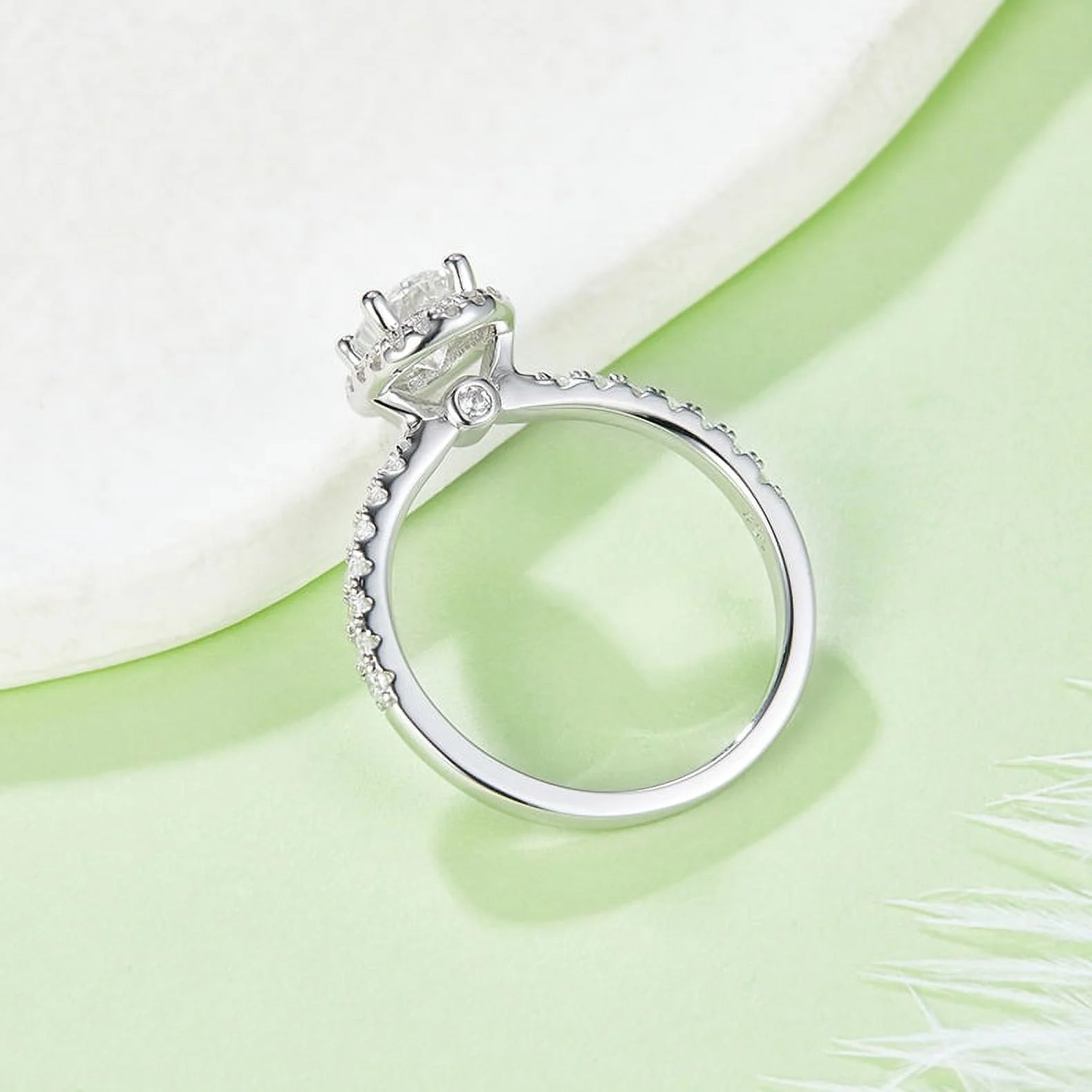 Pear Cut Moissanite Engagement Ring Pave Halo In 18K White Gold Plating Over Silver I1382