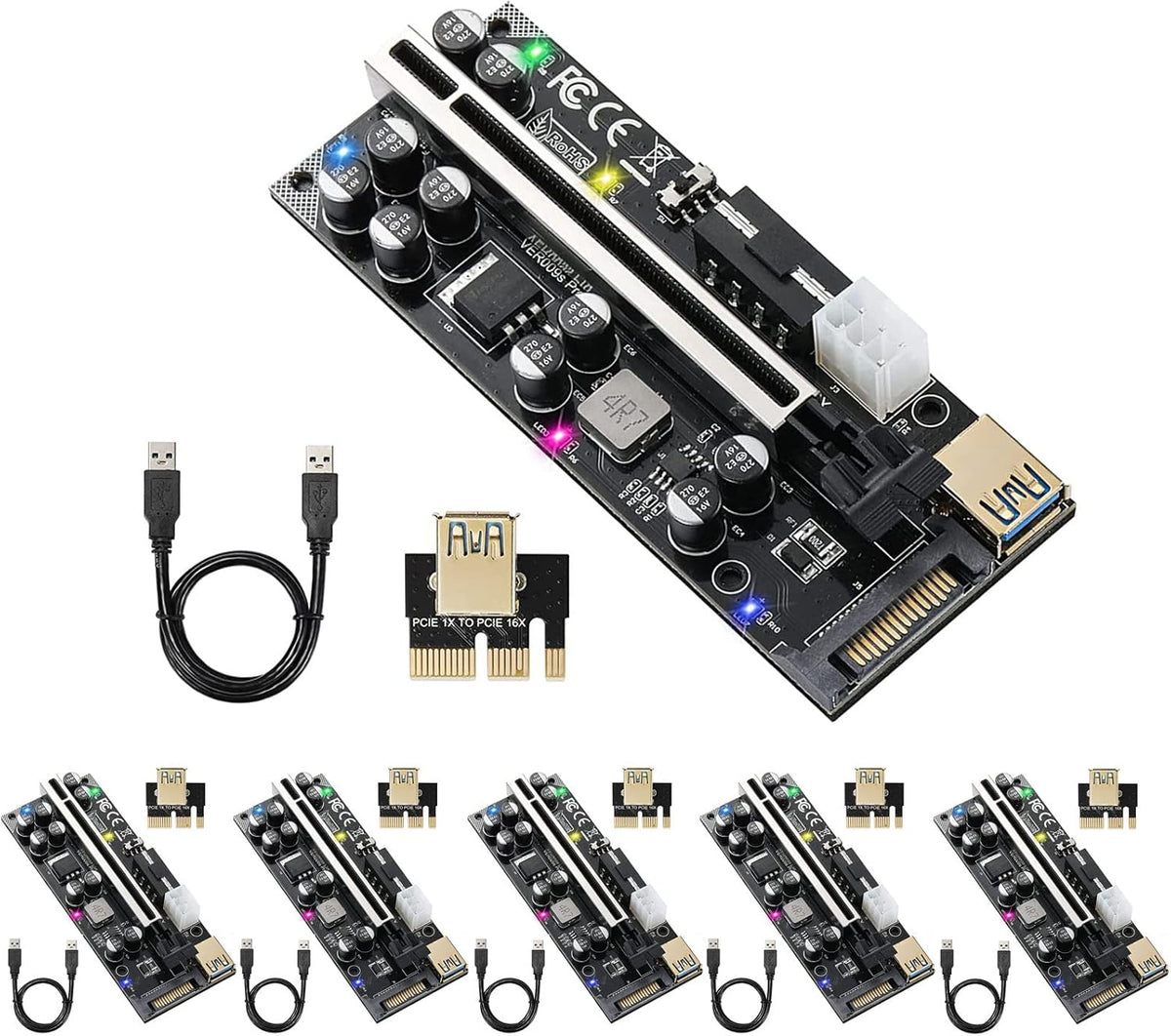 PCIE Riser 10 Solid Capacitors with RGB LED Light & 60cm USB 3.0 Extension Cable, Pack of 2 E261794